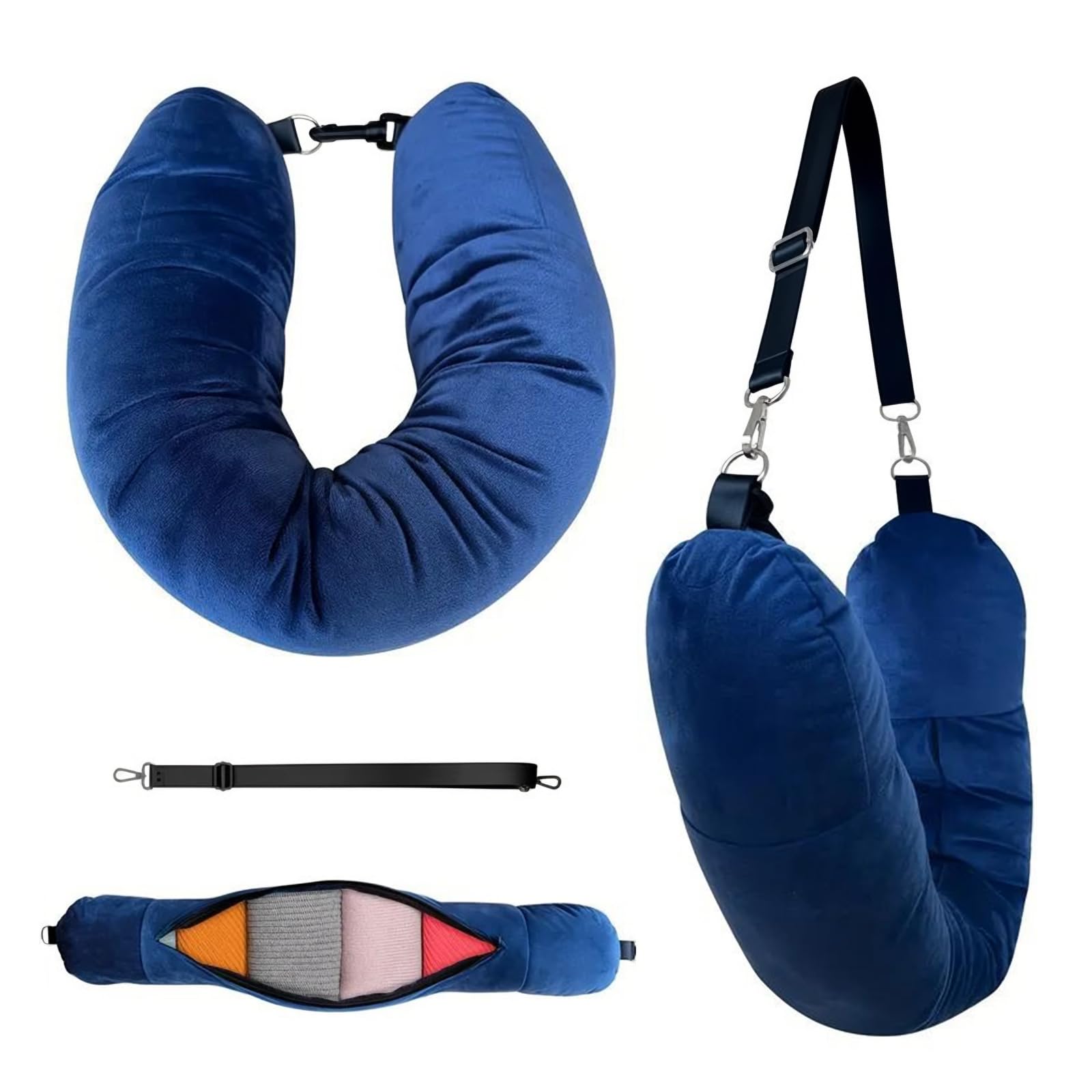 NYOSLB Stuffable Neck Pillow for Travel, 80 * 16 cm Stuffable U Shaped Cushion with Adjustable Straps Fillable Travel Neck Pillow for Airplane Train Car Trip Essentials (Blue)