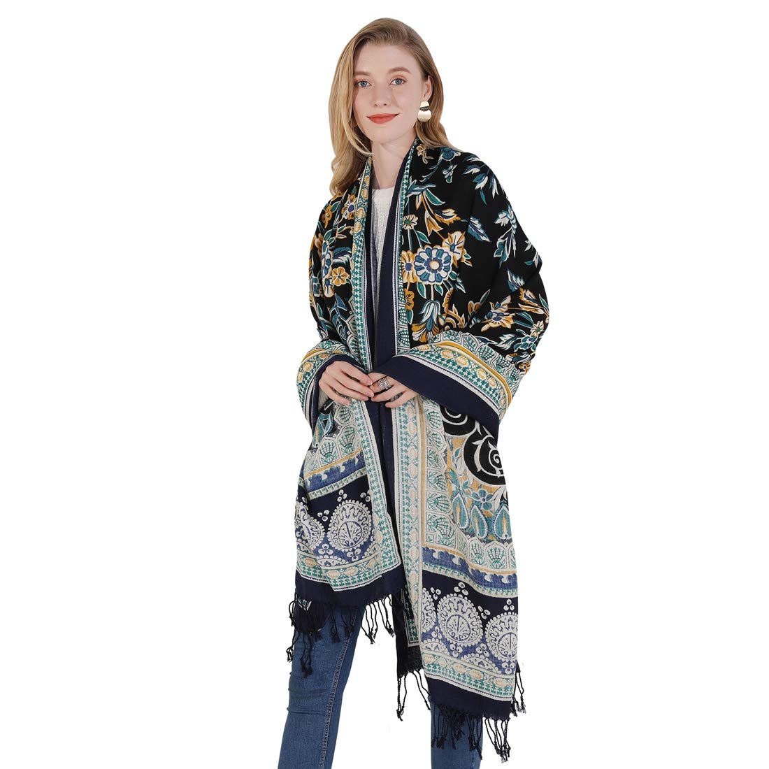 DANA XU 100% lana merino extra large pashmina scialle per le donne | 243,8 x 109,2 cm oversize in cashmere con nappe fatte a mano, mantello leggero da viaggio floreale per abito da sera
