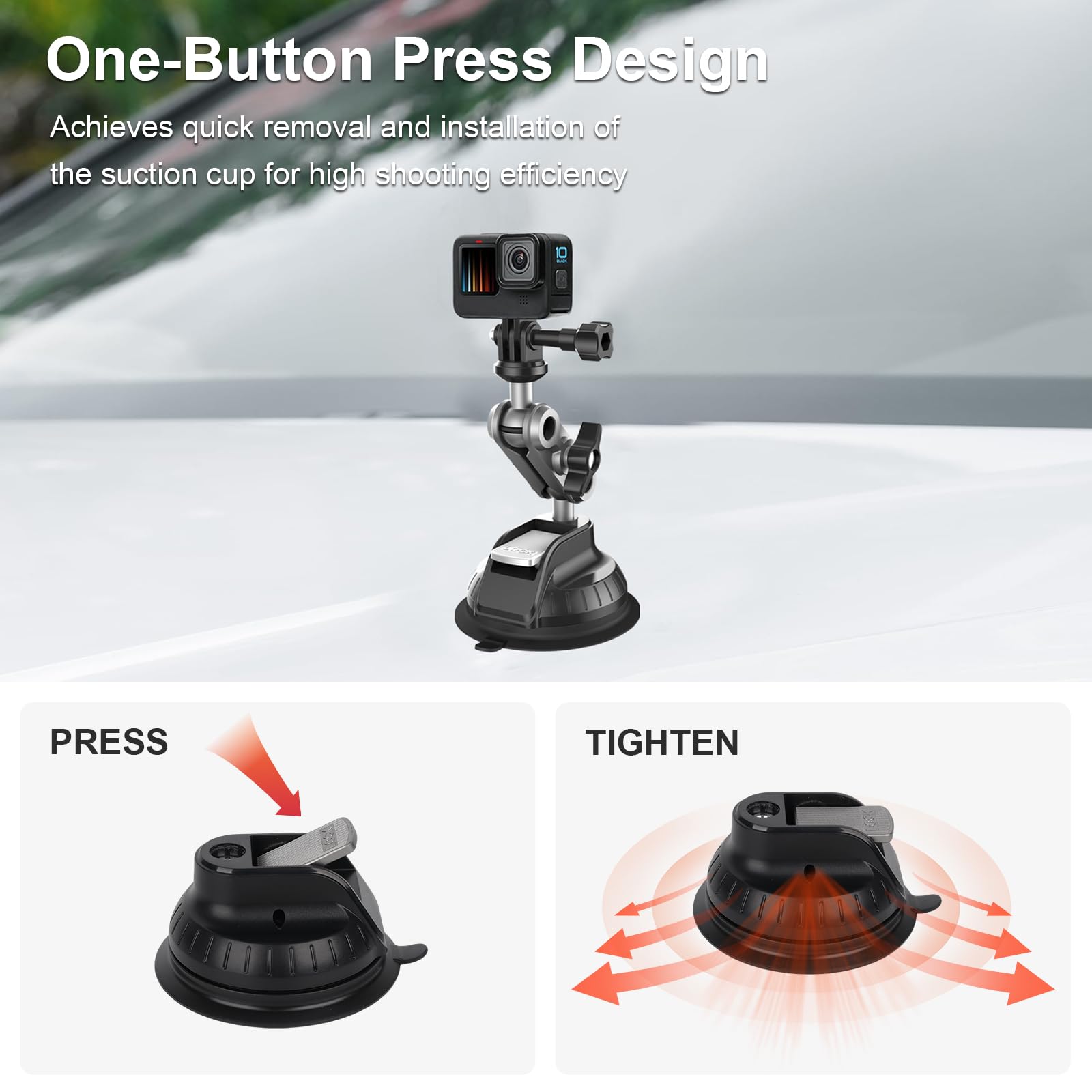 Supporto a Ventosa per GoPro Hero 13/12/11, Accessori action cam per Auto con testa a sfera girevole a 360°, Connettore da 1/4" compatibile con Insta360 X5/X4, per DJI Osmo Action 5/Procket
