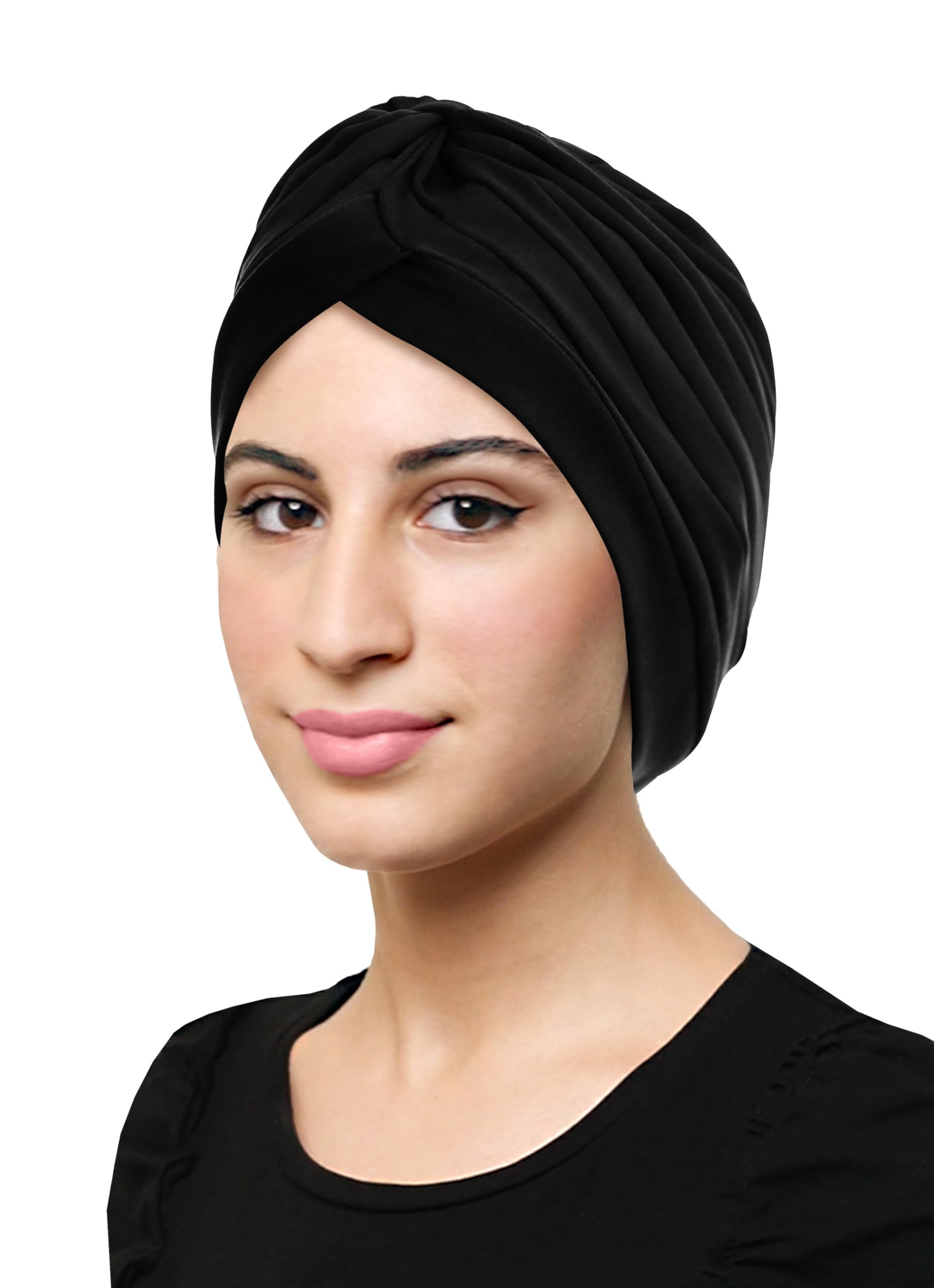 Turban Hats for Women Stylish Cotton Chemo Caps (Black, Medium)