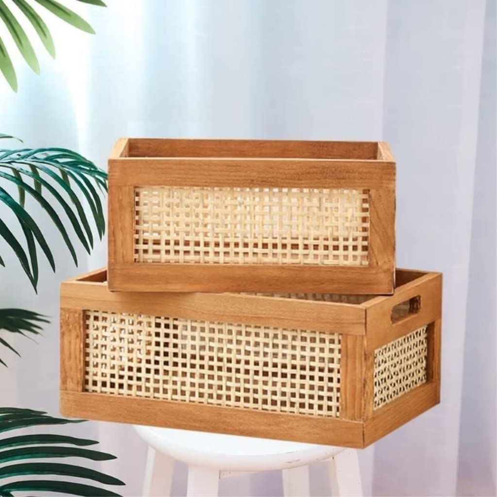 Koszyk Piknikowy Kosz Z Litego Drewna Rattanowe Zabawki Na Biurko Książki Drewniana Szuflada Schowek Piknik Tkany Plenerowy(35 * 24 * 19cm)