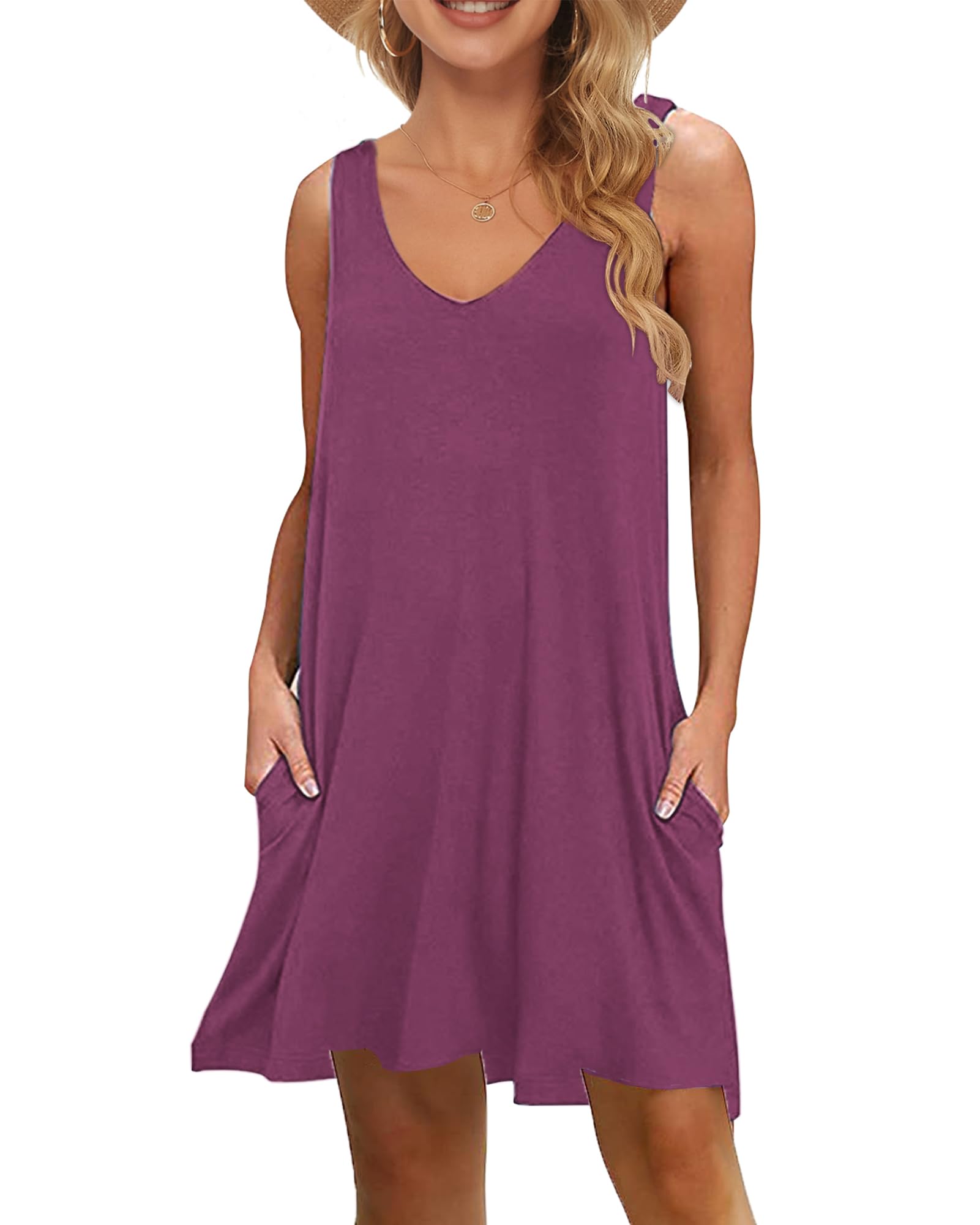 Wneedu Women's Lightweight Summer Dress V-Neck Swing Tank Dress Sleeveless Beach Dress Knee-Length with Pockets