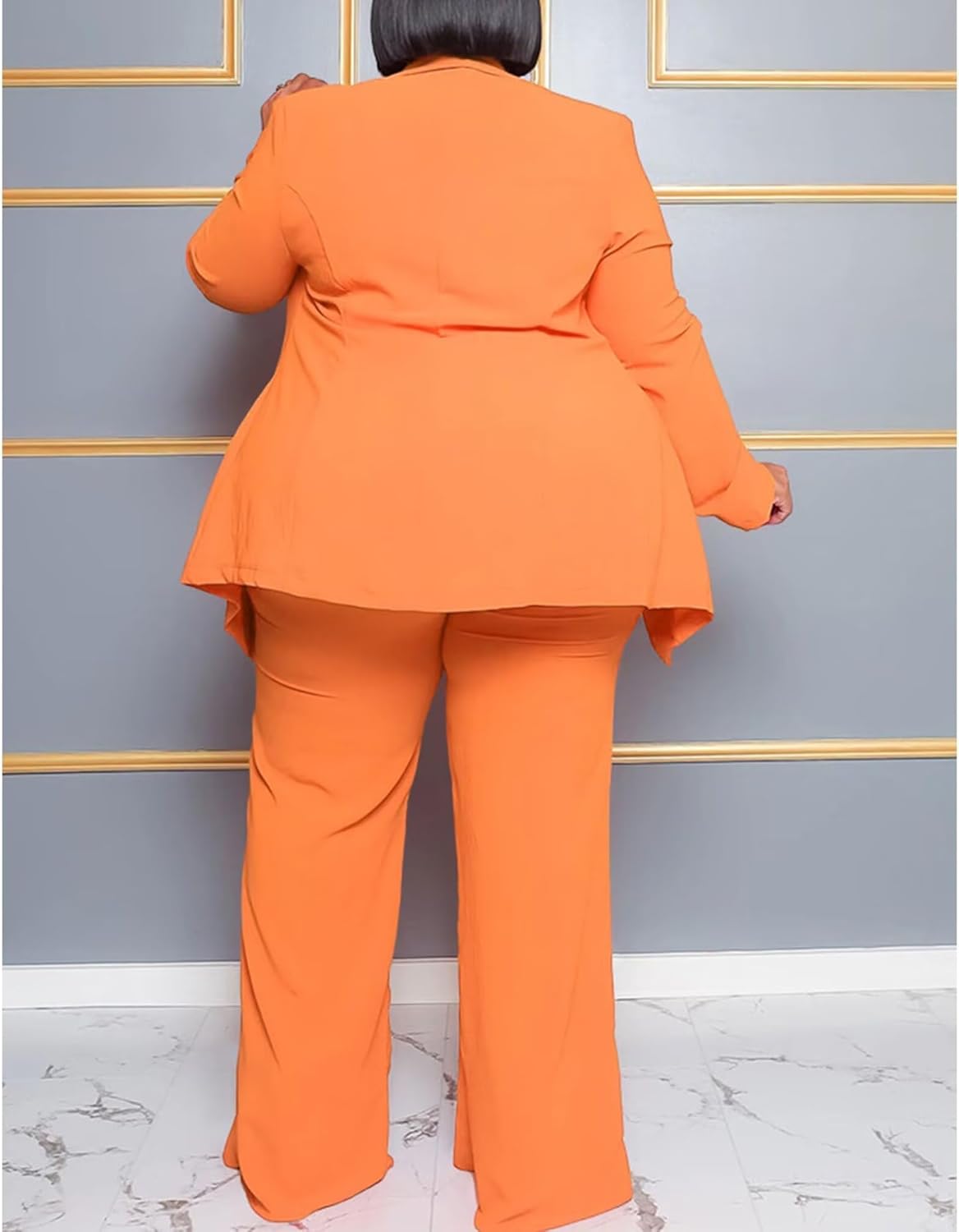 IyMoo Plus Size Suits for Women Business Open Front Long Sleeve Blazer Elastic Waist Solid Straight Leg Pant Set Suits - Image 5