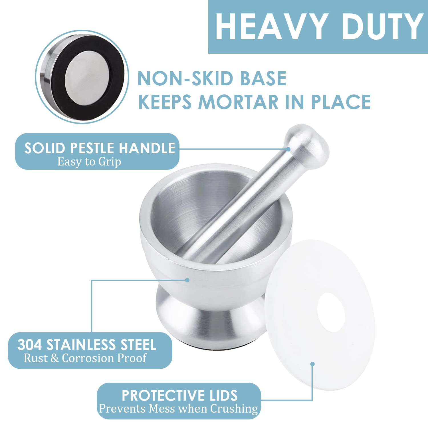 KEISSCO Edelstahl Mörser und Stößel Set, Gewürzmühle Pillenzerkleinerer mit Silikon Schutzdeckel - Heavy Duty Mörser Stößel für Molcajete Kräuterschale, Pesto Pulver, Gewürze Kräutermühle