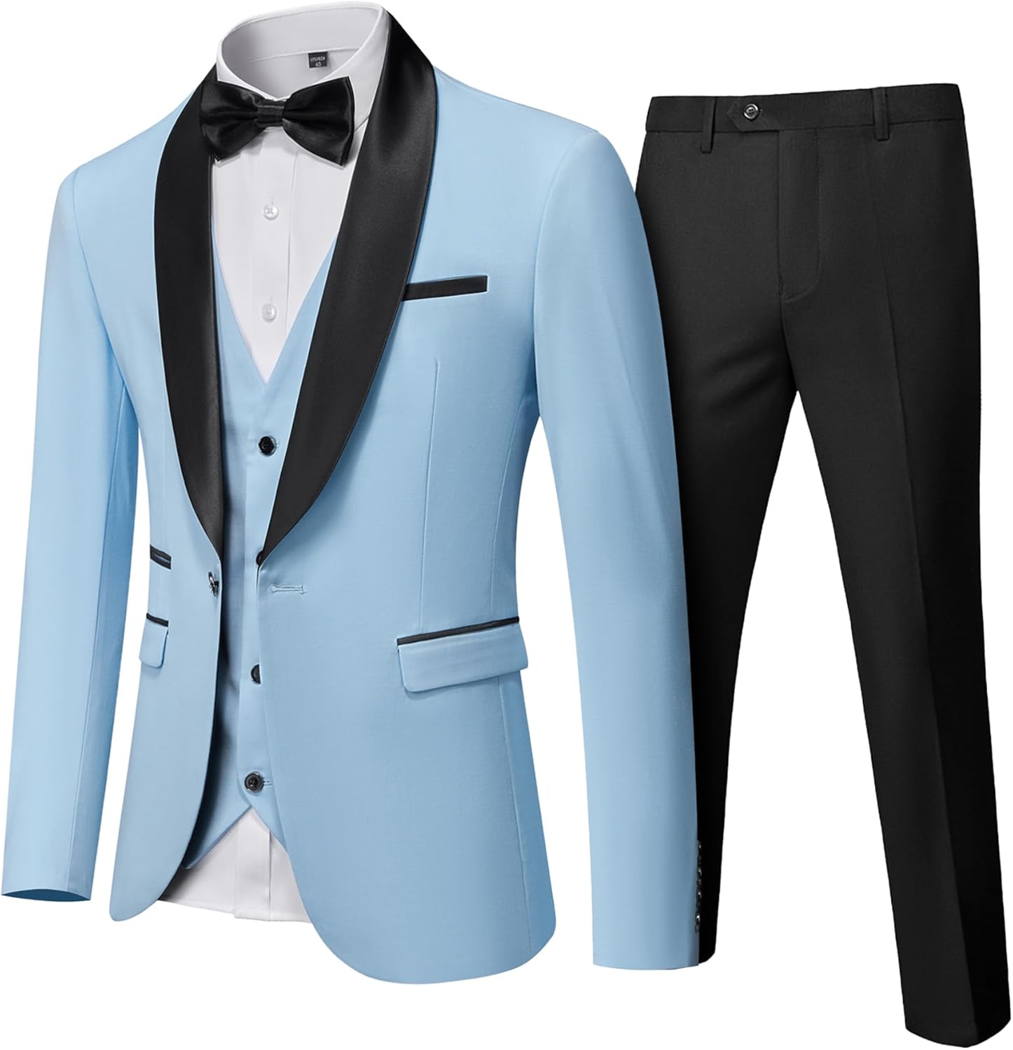YND Men's 3 Piece Tuxedo Set with Bow Tie, Slim Fit One Button Shawl Lapel Suit Blazer Vest Pants, for Wedding Prom Dinners