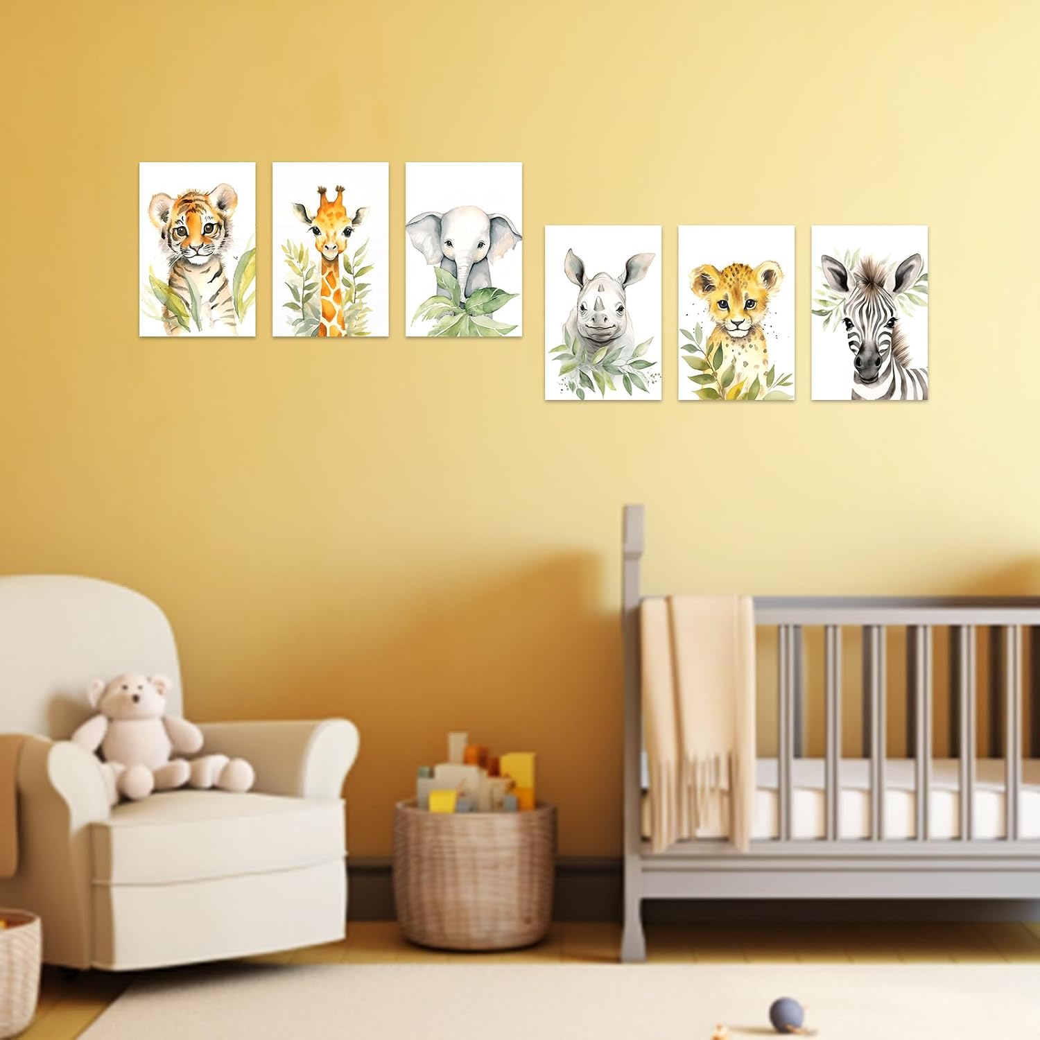 ZXHYWYM Baby Safari Animals Wall Art 6 Pieces Giraffe Elephant Tiger Leopard Rhino Zebra Prints Cute Woodland Art Watercolor Nursery Canvas Wall Decor (A - Framed, (12"x18"x6))