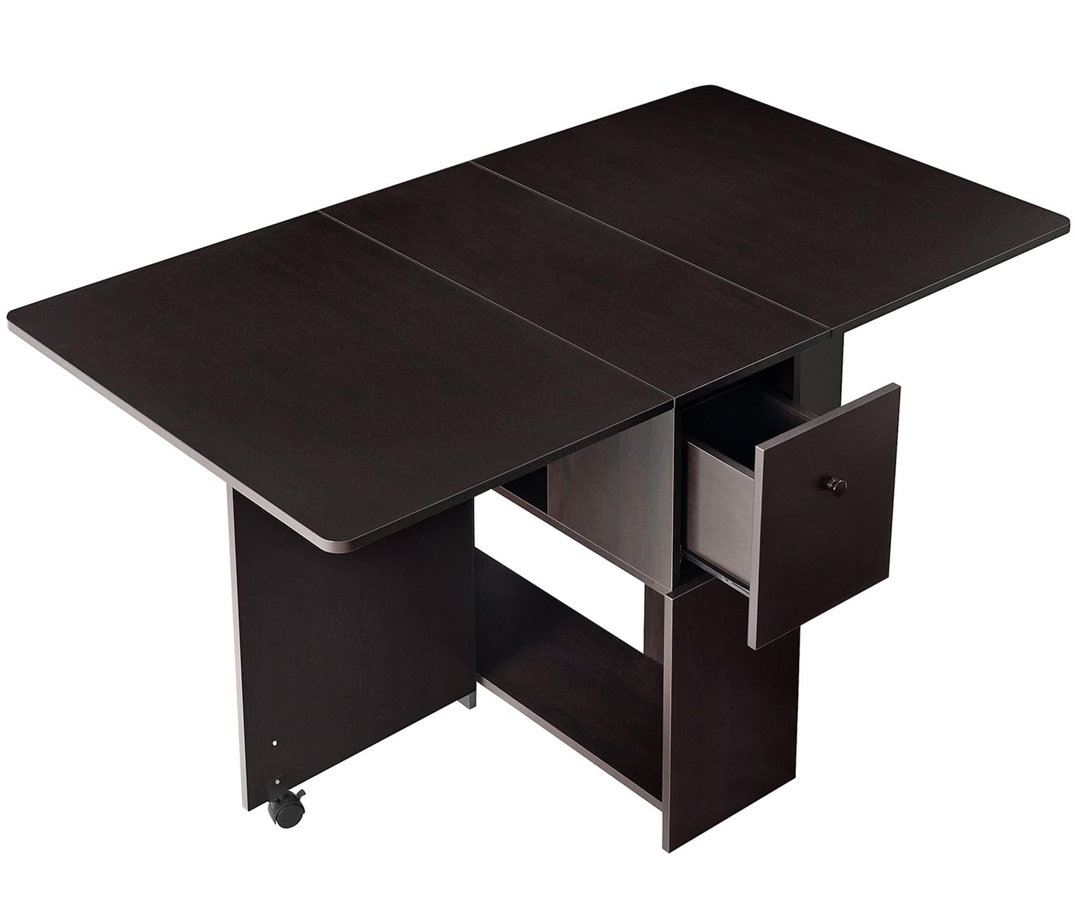 VANSPACE Folding Dining Table Drop Leaf Kitchen Table with 2 Drawers for Small Spaces with 6 Wheels and 2-Layer Storage Racks Multifunction Space Saving Table Extension Dinner Table Black Walnut