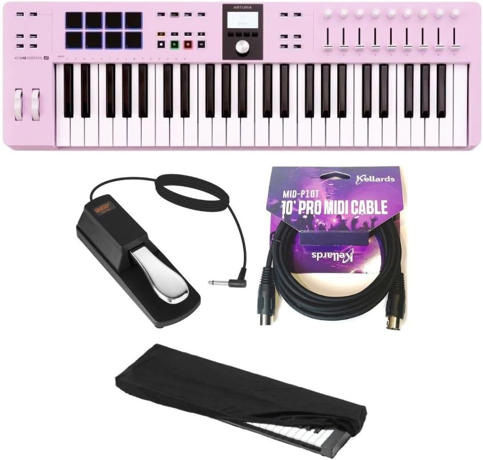 Arturia KeyLab Essential mk3 49-Key Controller Bundle with Auray FP-P1L Universal Piano-Style Sustain Pedal, MID-P10T Pro MIDI to MIDI Cable 10 Feet, Kaces KKC-MD Stretchy Keyboard Dust Cover, medium