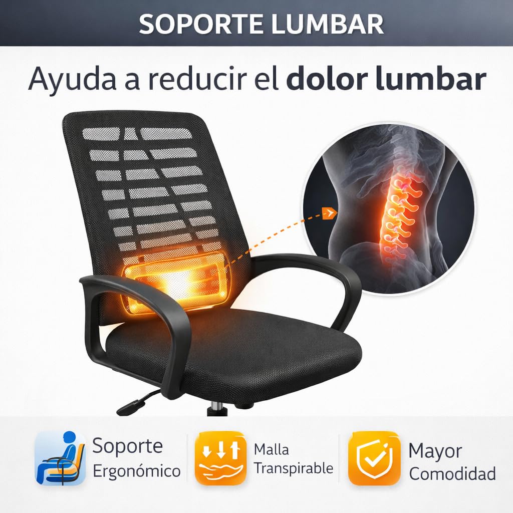 T-LoVendo - Silla de Oficina o Escritorio ergonómica con Soporte Lumbar y Respaldo de Malla Transpirable. Altura Regulable. Giratoria