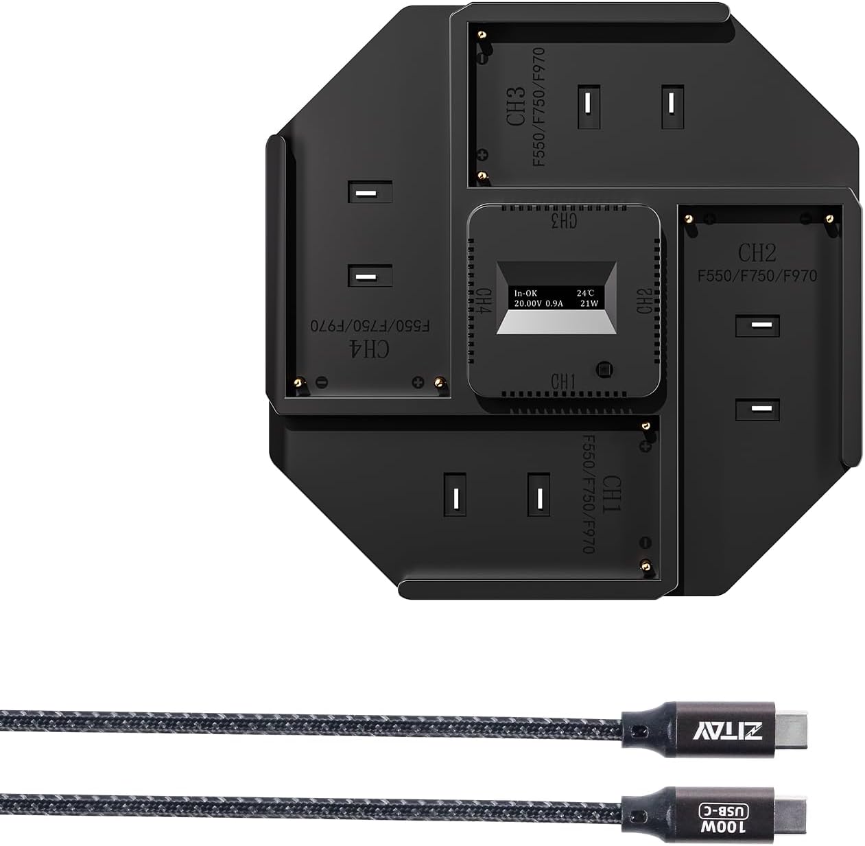 Smart Fast Charger 4 Channel Station Support PD 100W GaN Fast Charging Compatible with Sony NP F970, F550, F570, F750, F980, F770, F960, F530, F330,FM500H