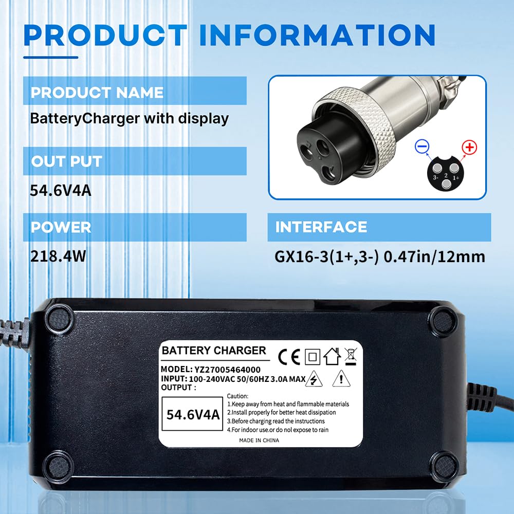 48 V litowa ładowarka do skutera elektrycznego Gx16-3 wtyczka 12 mm, zasilacz 54,6 V 4 a z wbudowanym wentylatorem, ze wskaźnikiem chwilowego napięcia ładowania