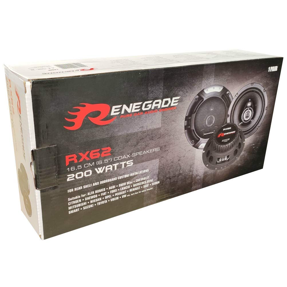 2 Altavoces RENEGADE RX62 coaxial de 2 vías 6,5" 16,50 cm 165 mm diametro 100 vatios rms 200 vatios MAX impedancia 4 ohmios 90 db spl Negro Coche, por par