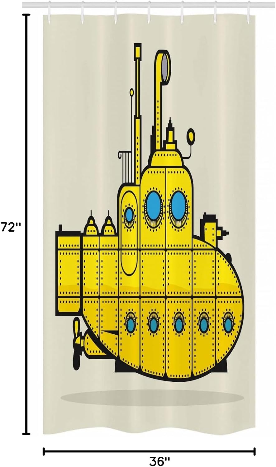 Ambesonne Yellow Submarine Stall Shower Curtain, Retro Grunge Marine Vessel Industrial Nautical Ocean Theme, Fabric Bathroom Decor Set with Hooks, 36" W x 72" L, Grey Yellow Blue