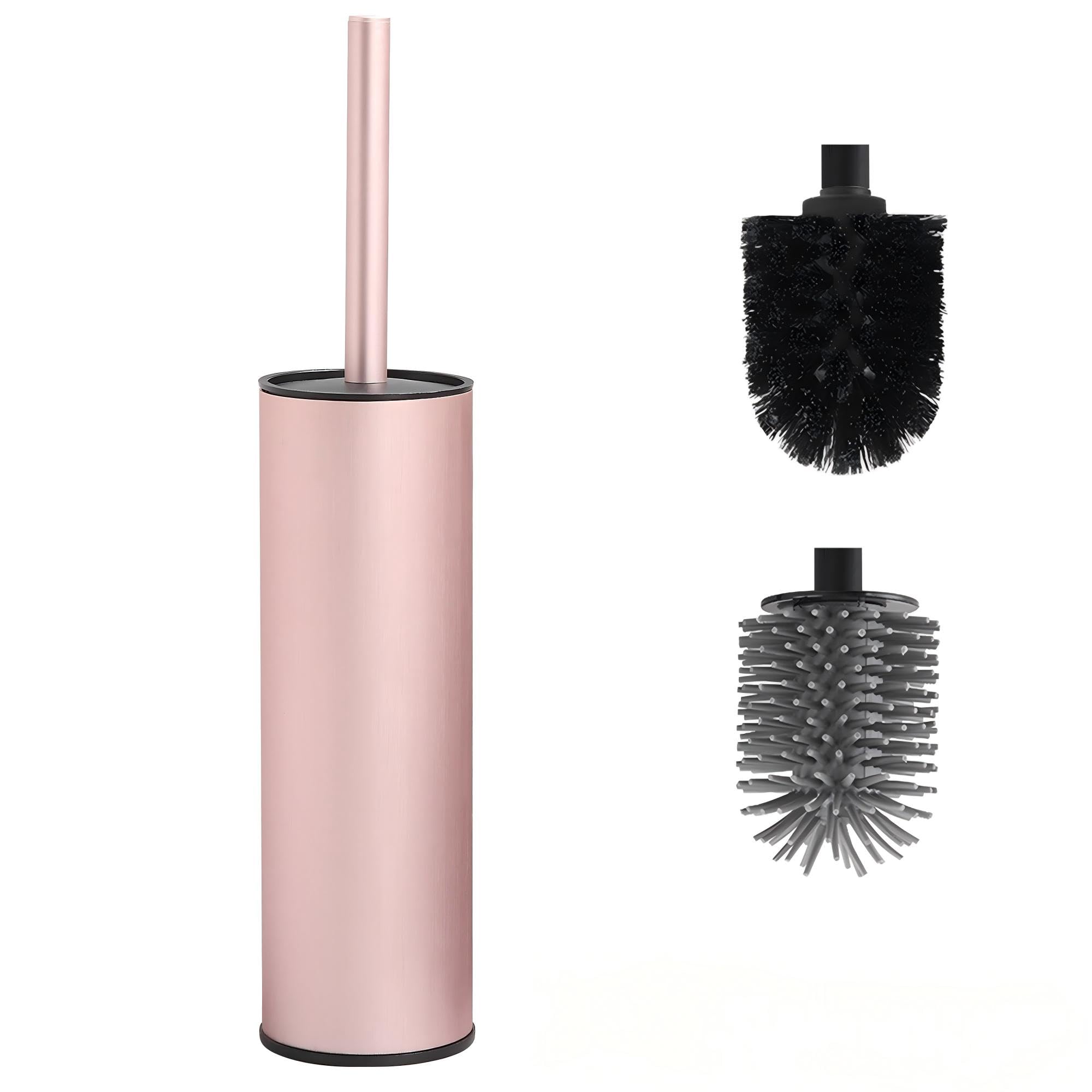 DAZI Freestanding Metallic Toilet Brush, Toilet Brush with 2 Long Silicone Toilet Brushes for Deep Cleaning of the Sink, Toilet Brush with Drip and Clog Prevention. (Pink Gold)