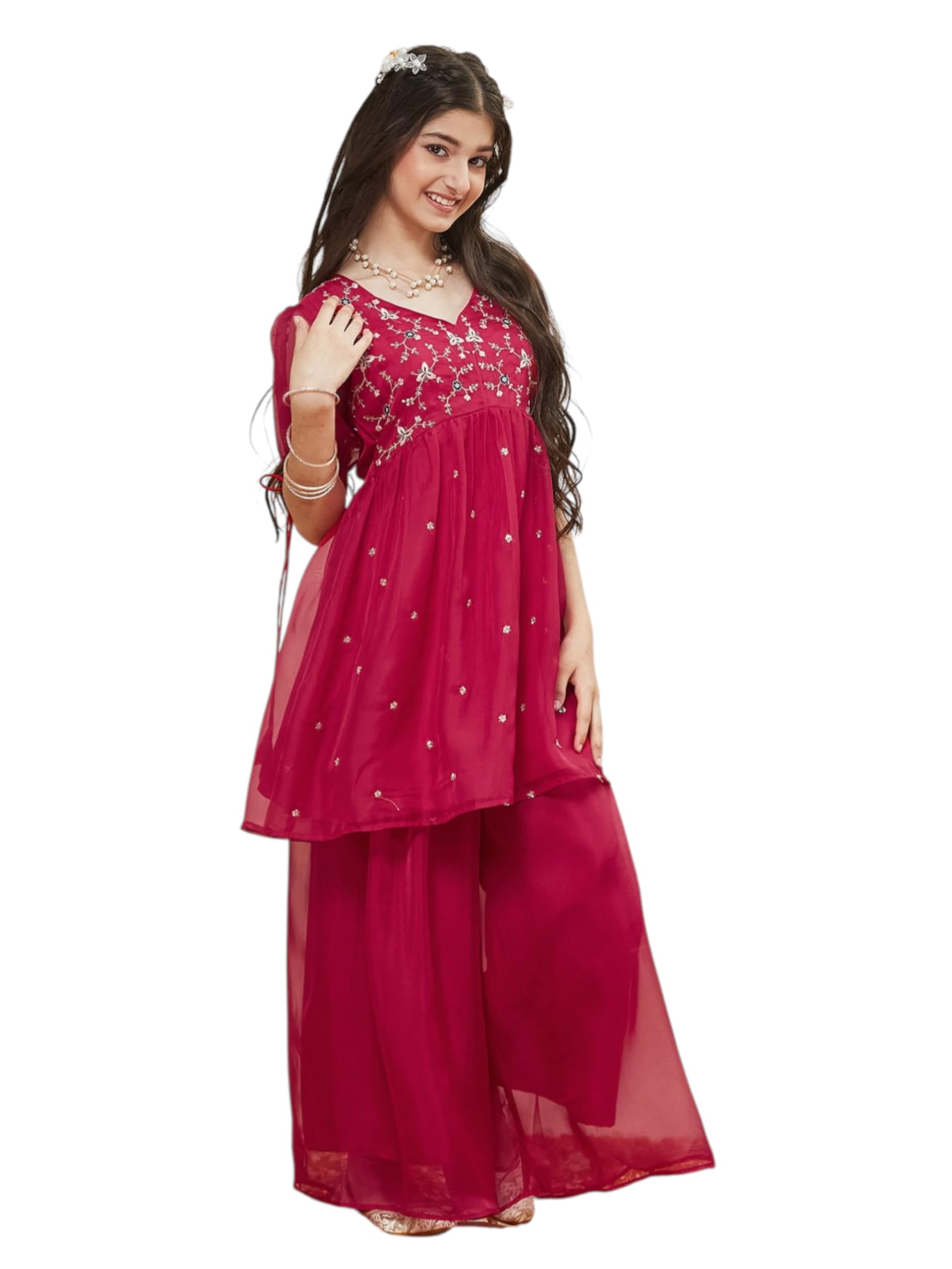 Curly Tales Girls Organza Floral Embroidered Kurta Top and Plazzo Set | Traditional Ethnic Kurta Top with Plazzo Ethnic Dress for Girls