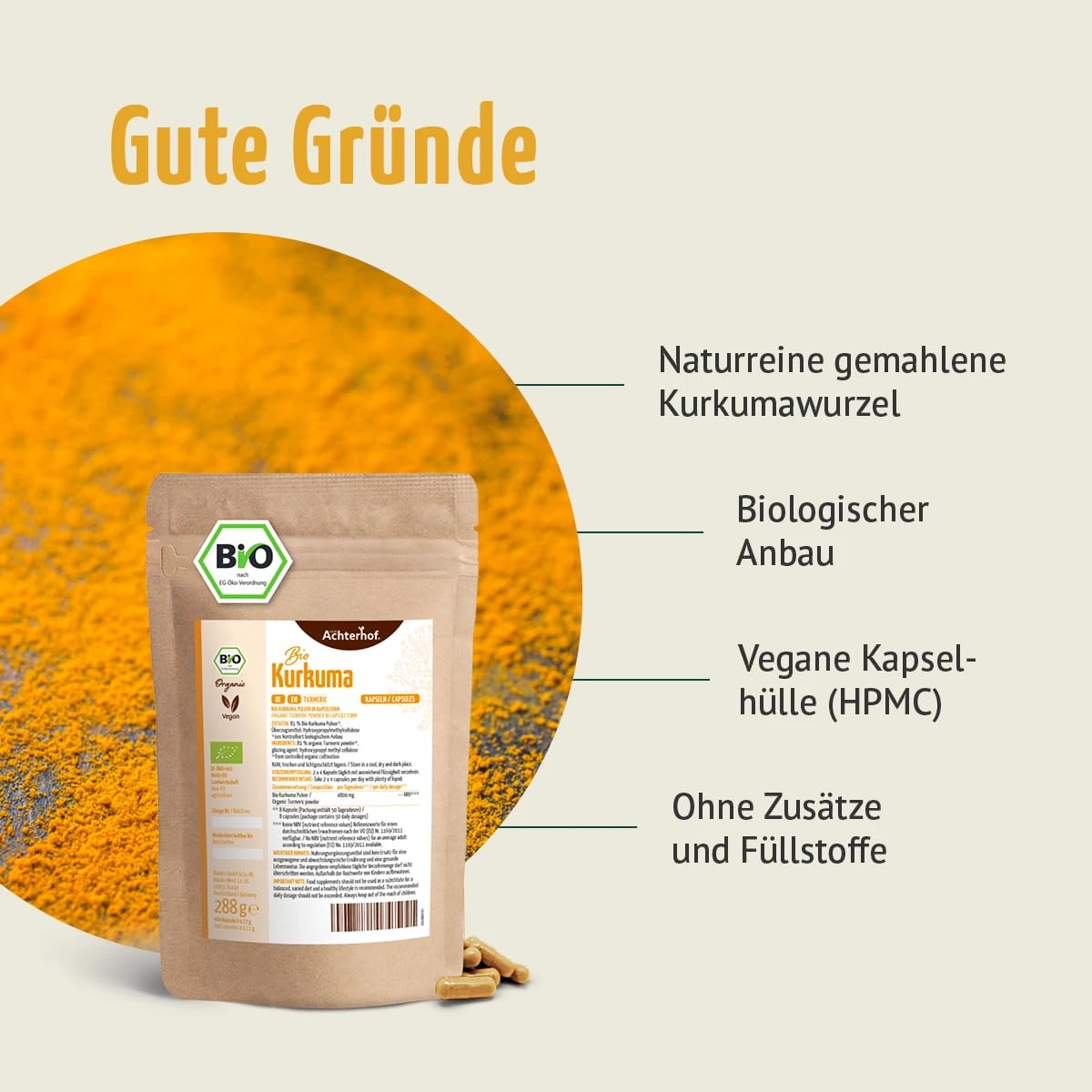 Capsule di curcuma biologiche in confezione di ricarica | 400 pezzi | 4800 mg di curcuma per dose giornaliera | radice di curcuma appena macinata di qualità biologica | vom Achterhof
