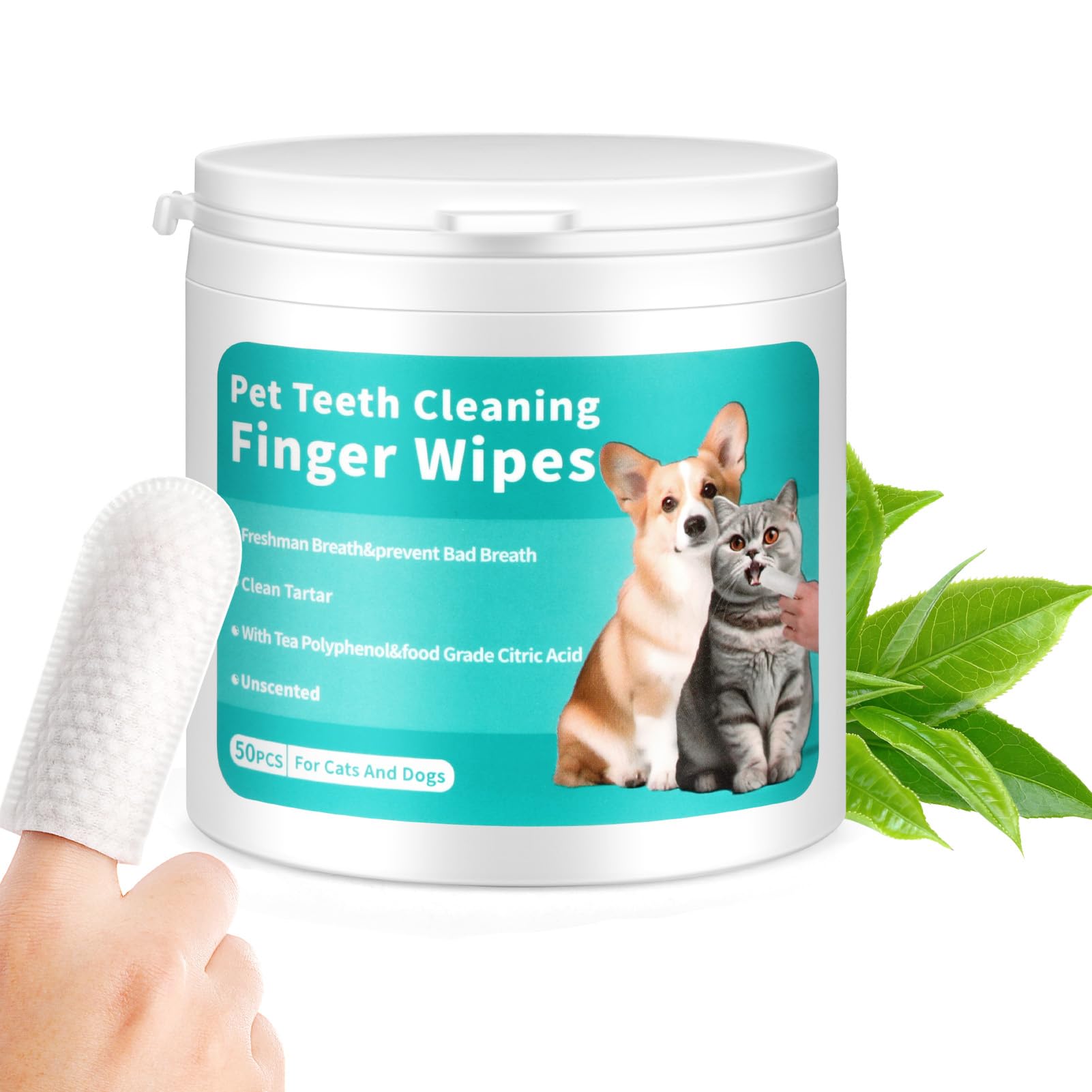 Geyrut Dog Teeth Cleaning Wipes,Safe & Nautre Pet Dental Finger Wipes Help Dogs and Cats Remove Plaque&Tartar,Disposable Cat Dental Care Wipes 50 Counts (Odorless)