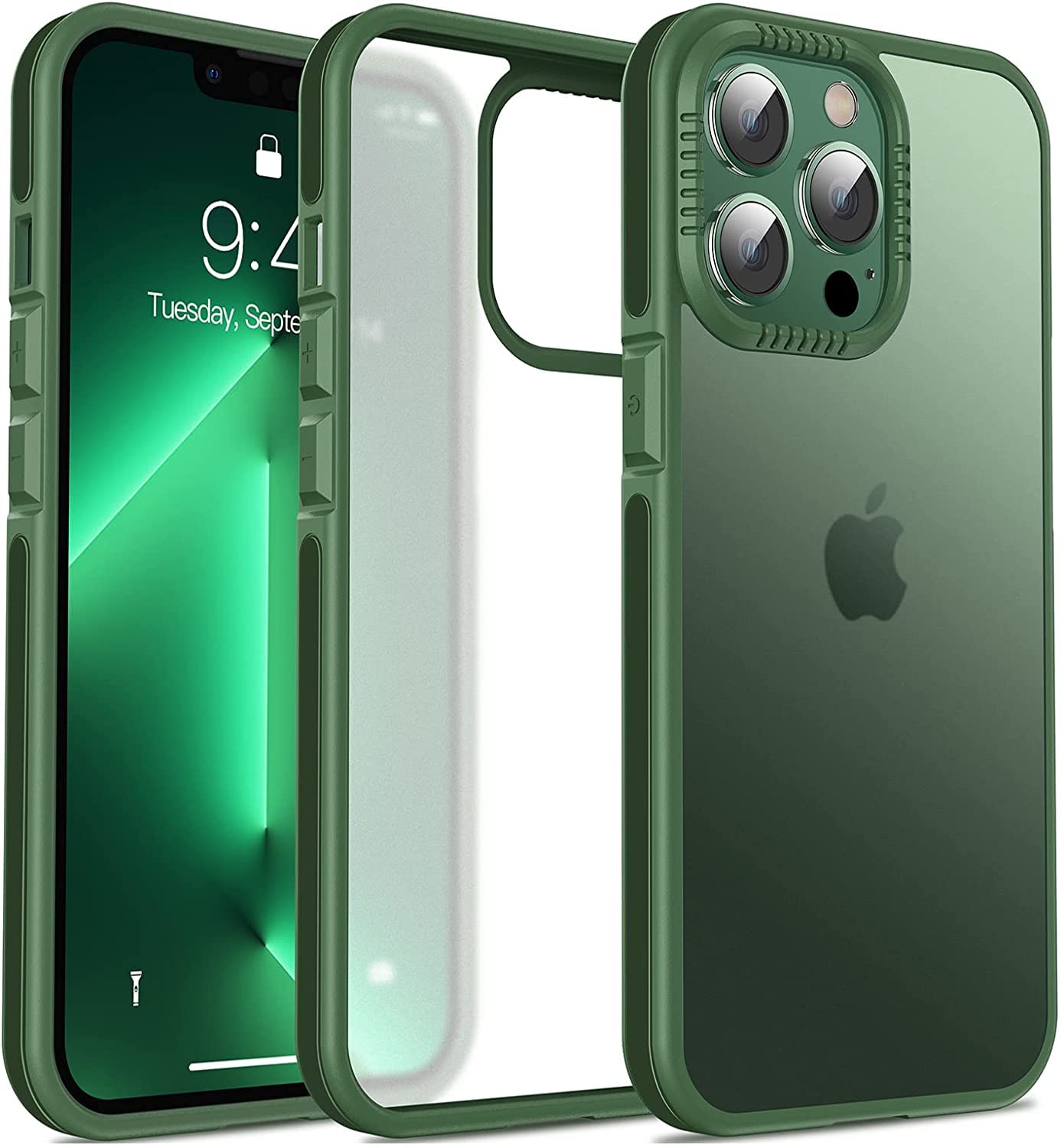 Casus Shockproof Translucent Matte Hard Back Cover with Soft Silicone Grip Frame Slim Thin Designed for iPhone 13 Pro Case (2021) - Green