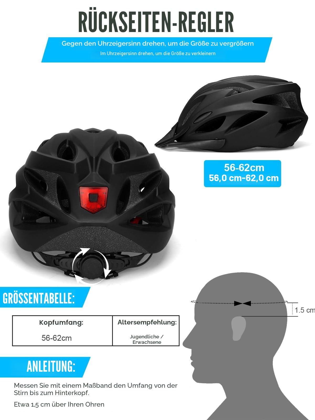 Fahrradhelm Erwachsene mit Licht, Radhelm, Cityhelm Urban Verstellbarer Unisex Fahrrad Helm für Damen und Herren 57–62cm