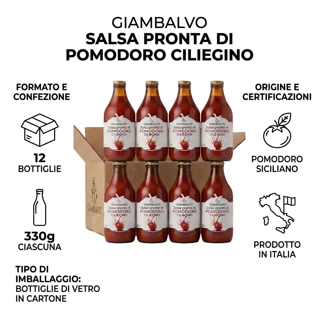 Giambalvo Salsa Pronta di Pomodoro Ciliegino Siciliano, Passata di Pomodoro in Bottiglia di Vetro, Confezione da 12 Bottiglie da 330g