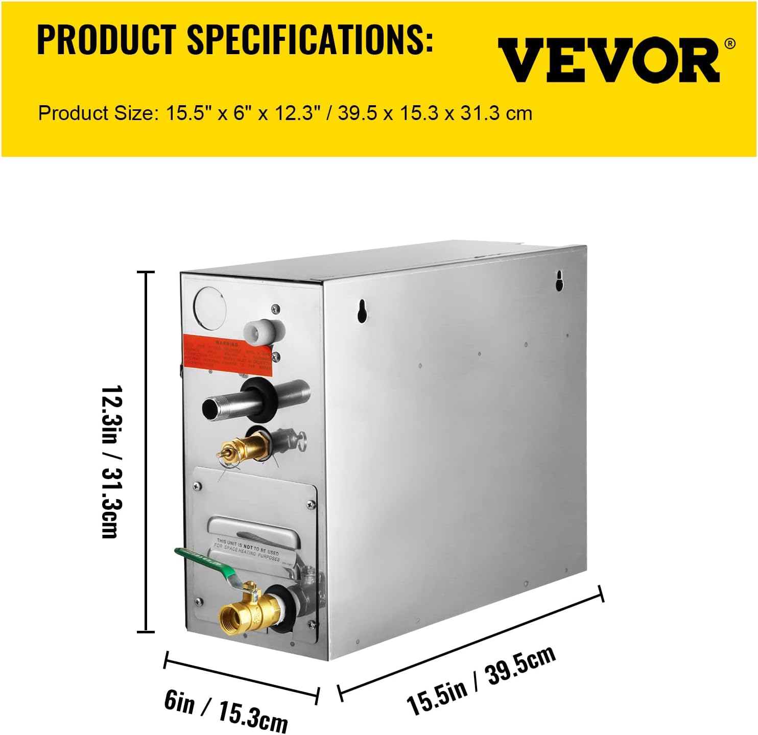 Dimensions of the VEVOR ST-60 steam generator: 15.5 inches (39.5 cm) length, 6 inches (15.3 cm) width, and 12.3 inches (31.3 cm) height.