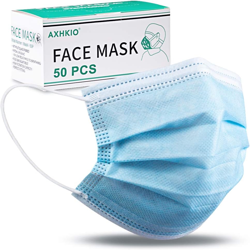 AXHKIO Disposable Face Masks 50 Pcs, 3 Ply Safety Masks, Disposable Breathable Earloop Masks, Suitable for School, Outdoor and Office