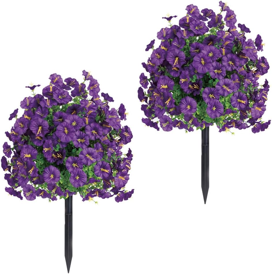 Artificial Petunia Flowers with Ground Stakes, UV Resistant Faux Floral Bushes for Outdoor Garden Decoration, Purple Pink White Yellow Rde, 2 Pack (Purple)