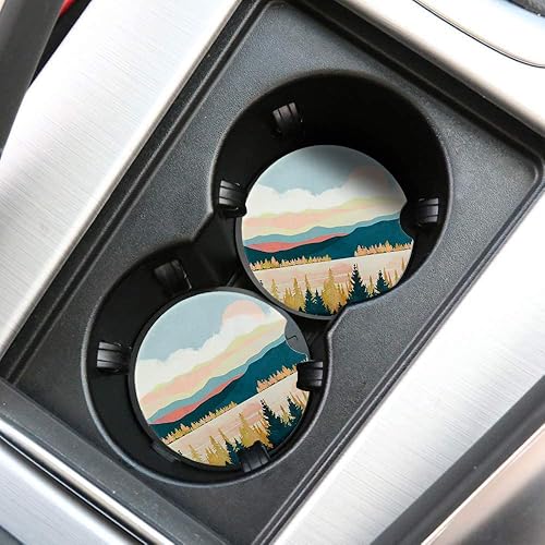 Miniatura 6 de Jerown Paquete de 2 posavasos de automóvil para portavasos de automóvil absorbentes de bosque de montaña con base de corcho y muesca en la punta de