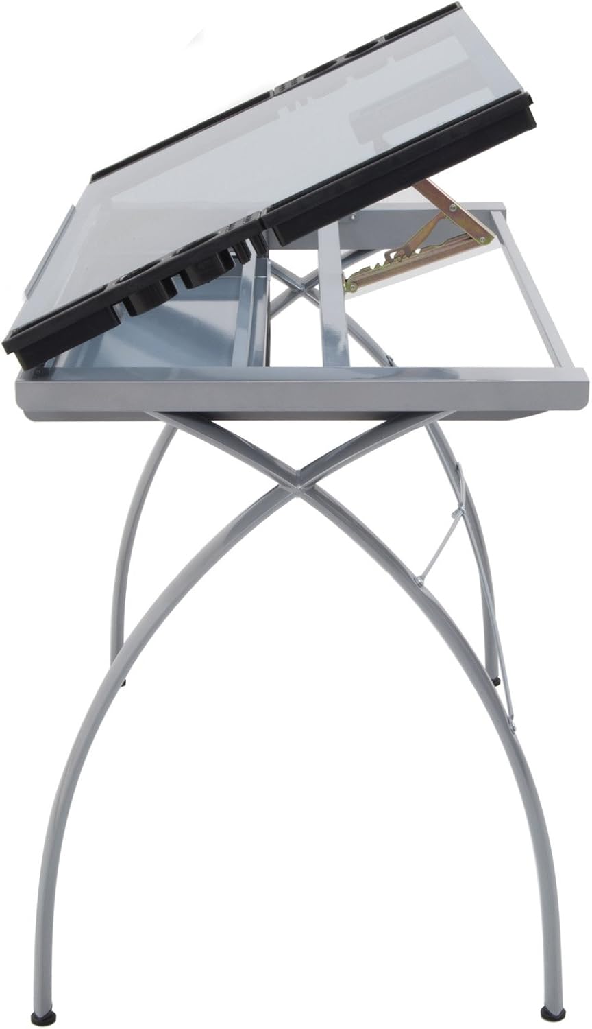 SD Studio Designs Futura Modern Top Adjustable Drafting Craft Drawing Hobby Table Writing Studio Desk with Drawers, 38''W x 24''D, Silver/Blue Tempered Glass