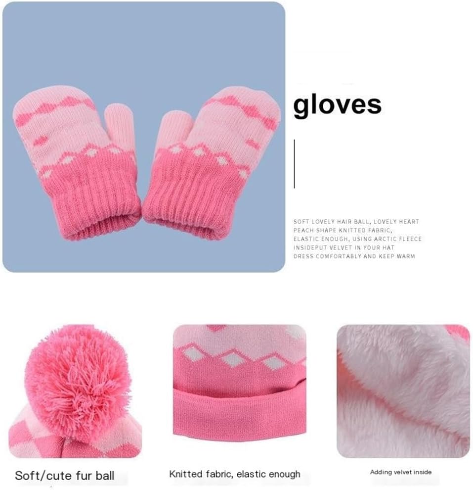 3Pcs Kids Winter Knit Hat Scarf Gloves Set Neck Warmer for 2-8 Years Old Boys Girls Kids Hat and Gloves Set(Pink)