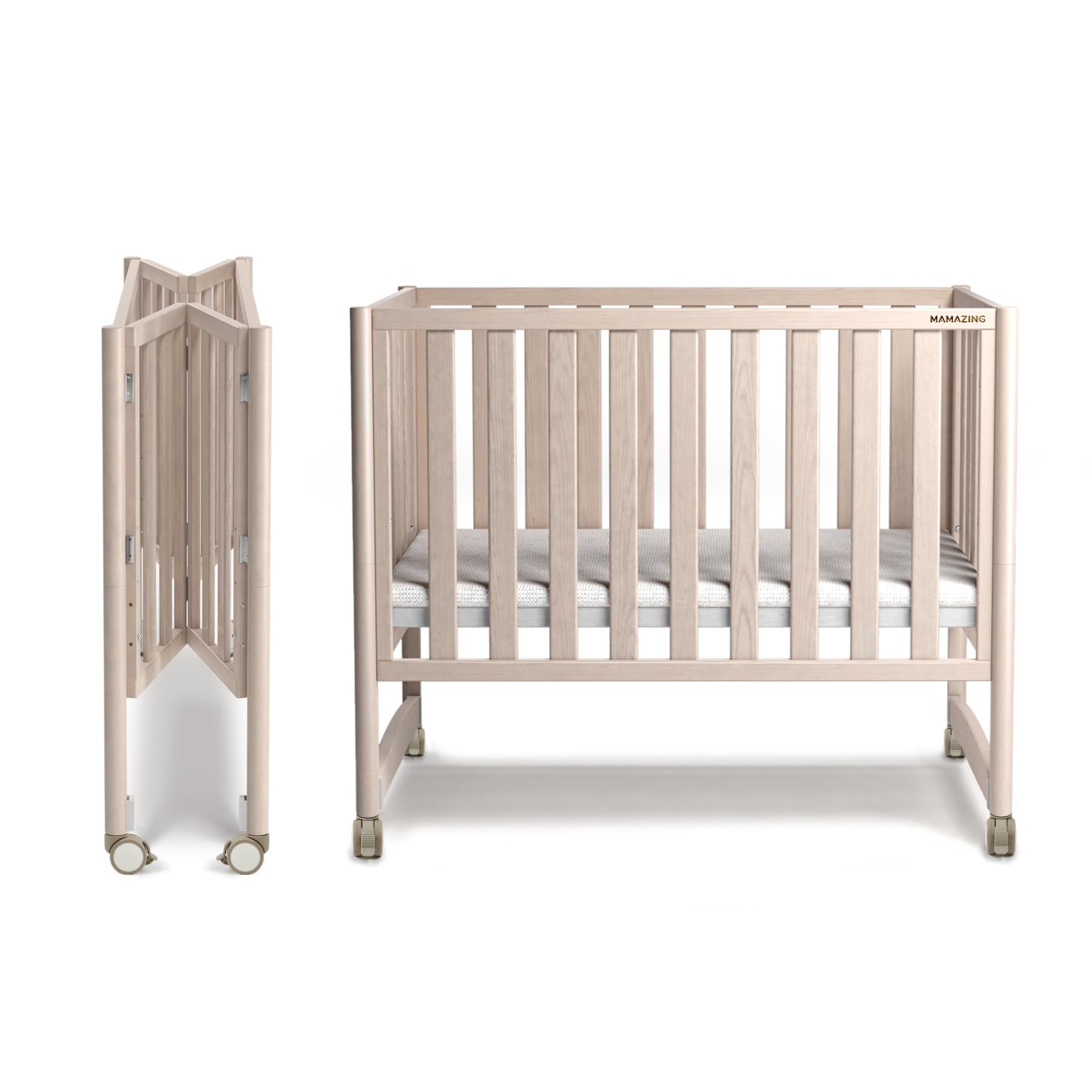 EvoNook 7-in-1 Convertible Mini Crib - Easy Assembly, Portable Folding Baby Mini Crib with Mattress, 100% New Zealand Pinewood, 4 Adjustable Mattress Heights, Washed Nature