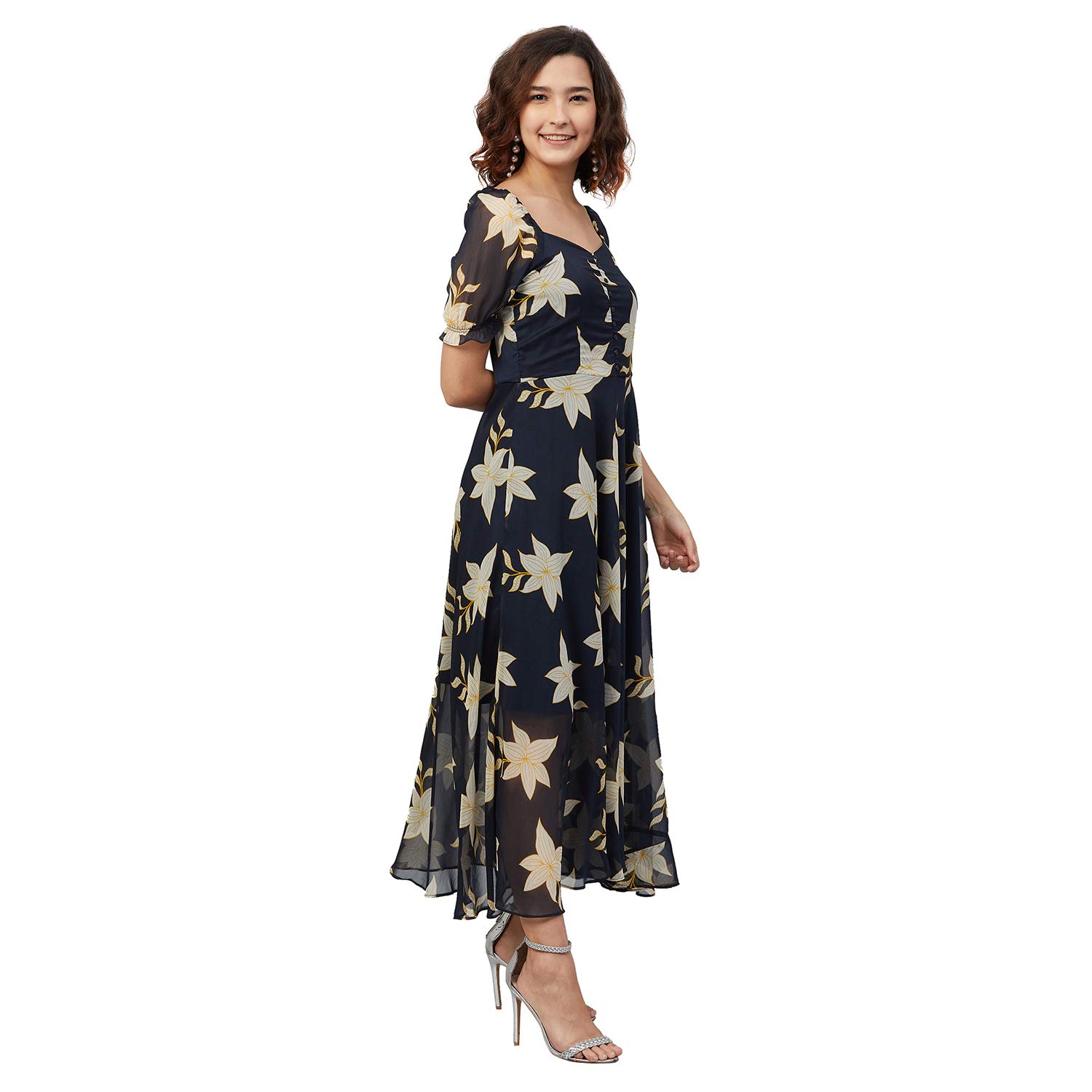 Rare Women's Chiffon Fit And Flare Maxi Casual Dress (Ep6218_Navy Blue_Medium)