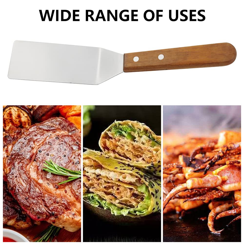 Teppanyaki Spatule, Spatule Barbecue Spatules Teppanyaki à Manche en Bois Spatules pour Barbecue en Acier Inoxydable Spatule Plate pour Tourneur et Grattoir pour Cuisine Barbecue, 3 Pièces