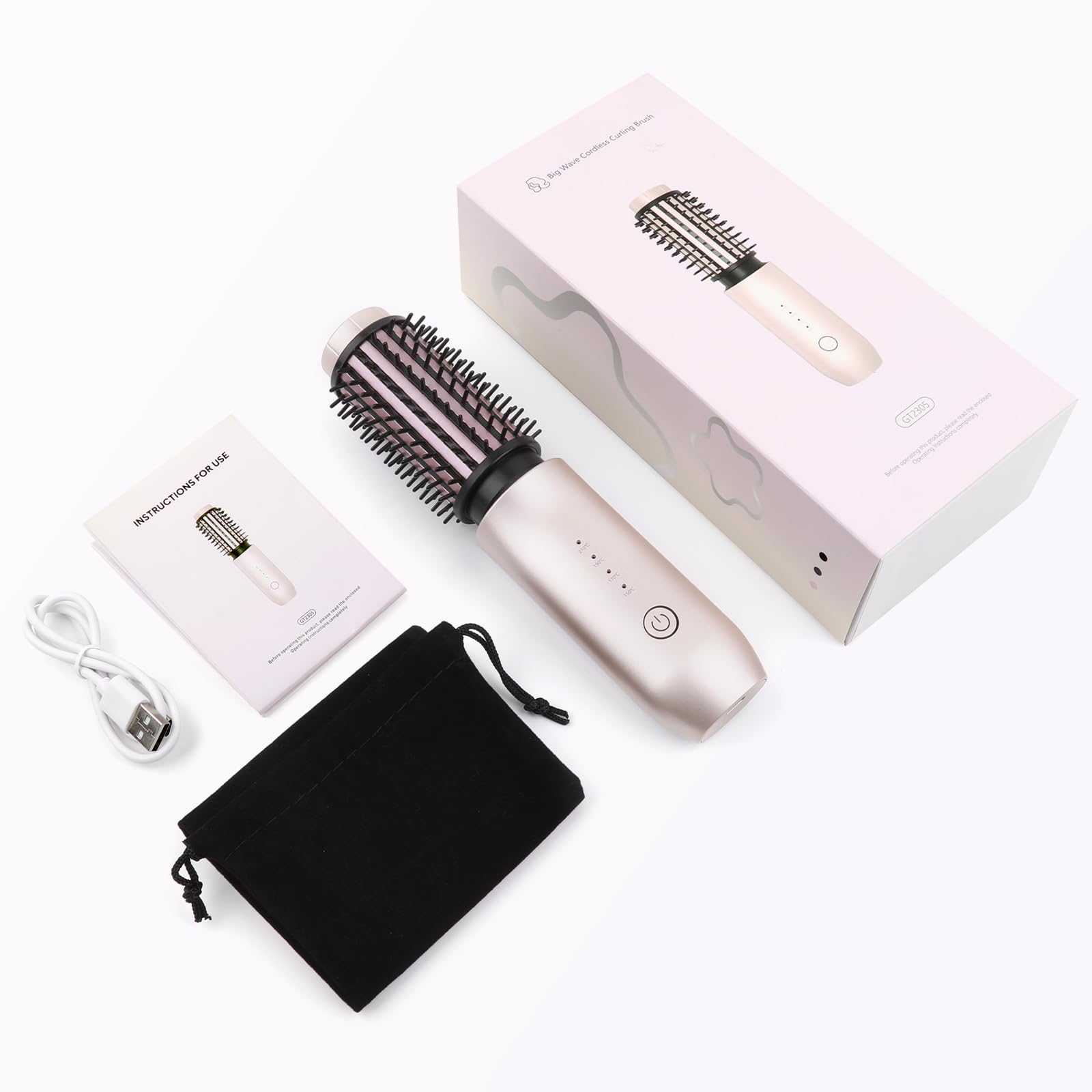 2024 Cepillo Rizador Inalámbrico Mini de Viaje Portátil para Mujeres 7000mAh Recargable USB Con Iones Negativos, Rosa
