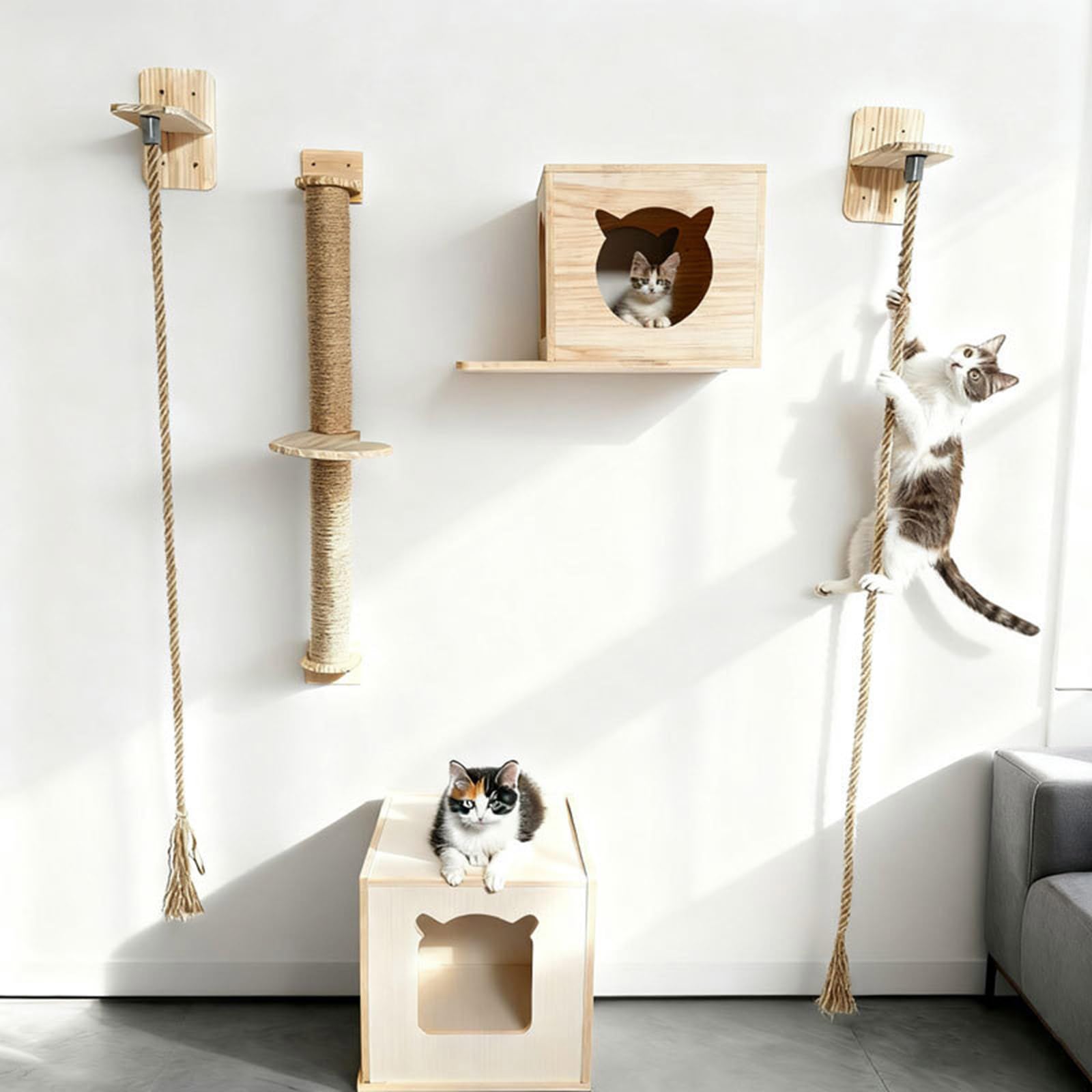 Cuerda para rascar Gatos de Montaje en Pared, Juguete para Escalar para Mascotas, Estante Interactivo para Gatos pequeños y Grandes, Estante de Escalada para Gatos de Interior