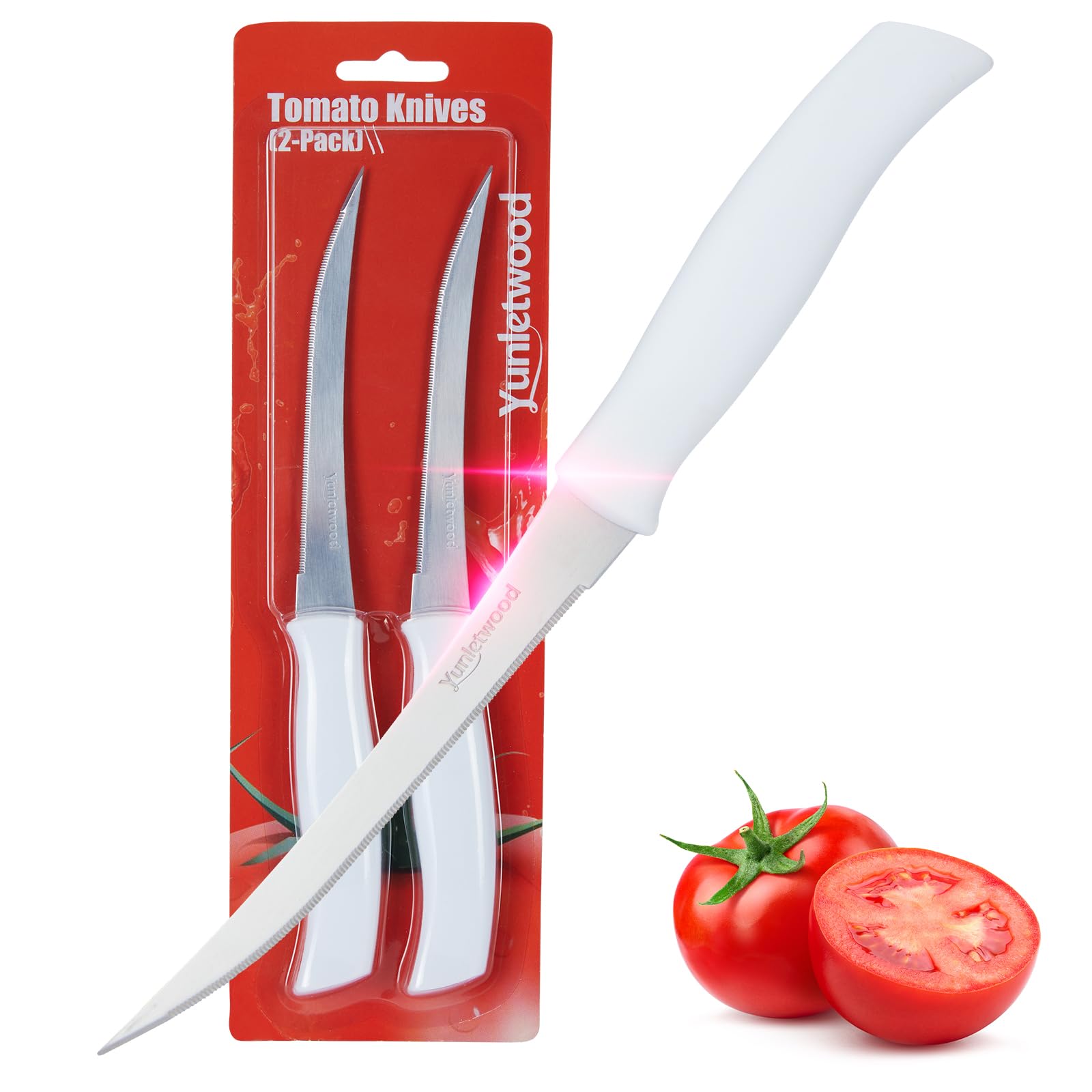 Yunletwood Tomato Knife 3rd Gen 2-Pack, Serrated Stainless Steel Blade, Ergonomic Handle, Precise Cuts for Tomatoes/Fruits/Veggies (White)