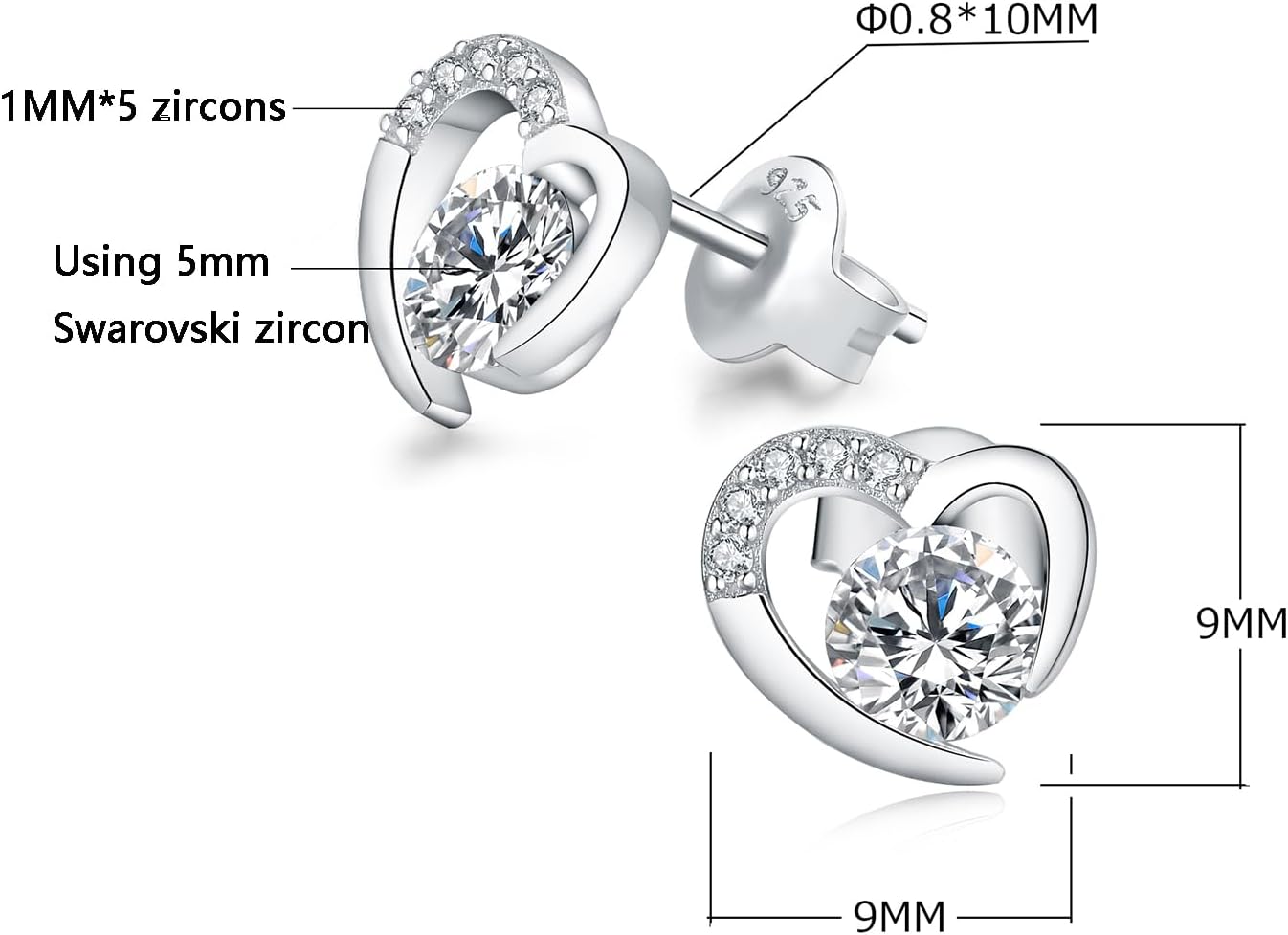 Sterling Silver Earrings for Women, Hypoallergenic Cubic Zirconia Stud, Hoop, Bar and Heart Shape Collection - Image 4