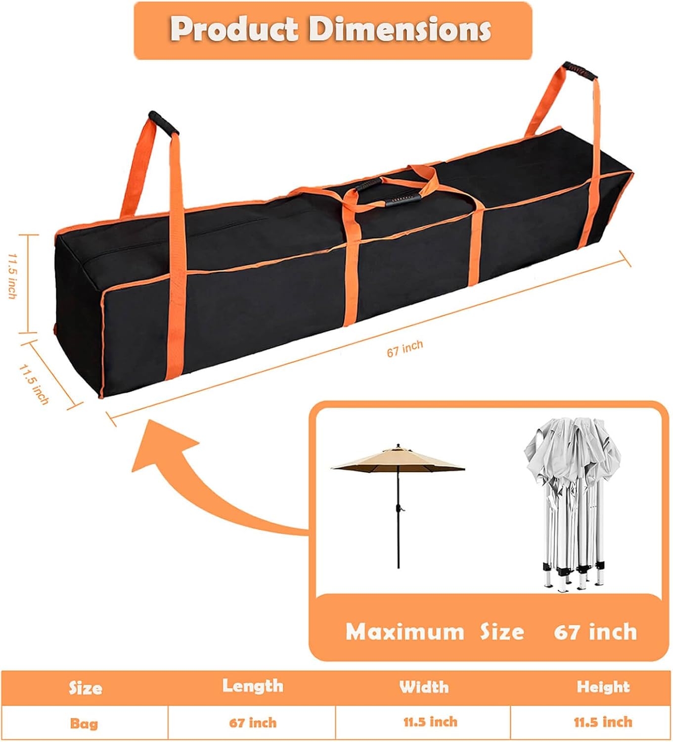 Large Tent Storage Bag 67X11.5X11.5in with Handles -10X10ft Pop Up Canopy Replacement Parts,Workable for Various Party Tent Canopy Tent Poles patio Umbrellas, Heavy-Duty Water Resistant Oxford Fabric - Image 3