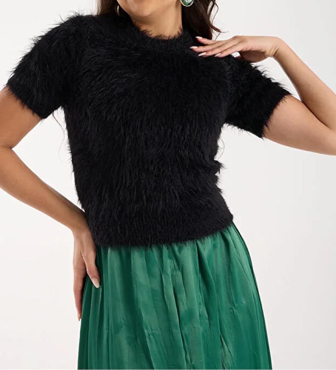 Women Fuzzy Sweaters Soft Furry Short Sleeve Fluffy Cozy Pullover Cropped Sweater Cute Casual Jumper Tops - Image 2