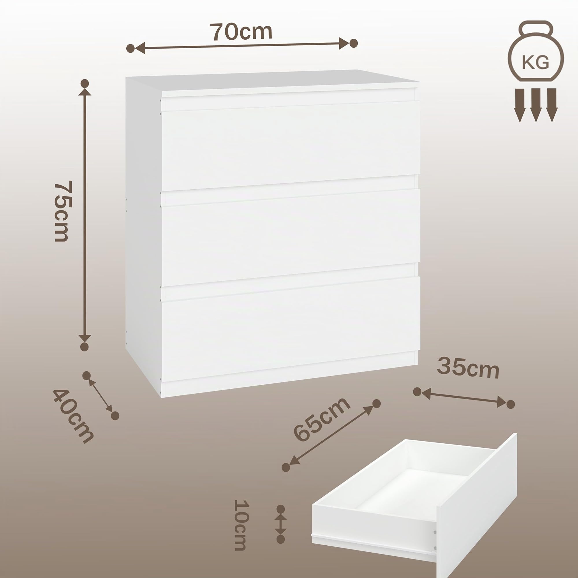hitsuki Nachtschrank Weiß mit 3 Schubladen Große Nachtkommode & Nachtkasten Moderne Kommode für Schlafzimmer & Wohnzimmer mit leisen Schienen & Anti-Kipp-Schutz 70x40x75cm