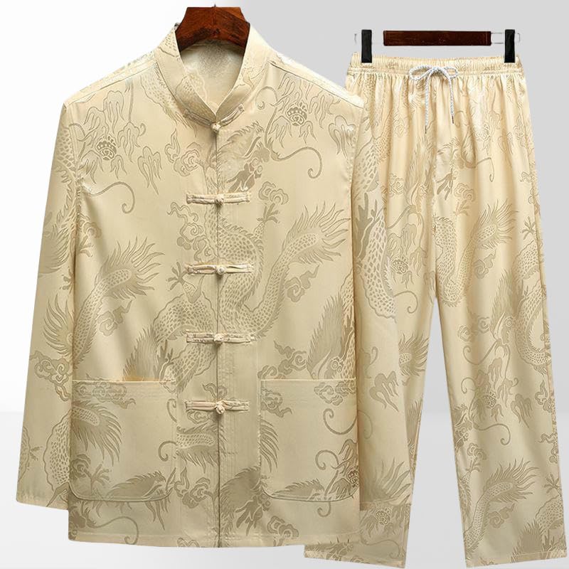 Men's Spring/Summer Tang Suit Ice Silk Long Sleeve Vintage Style Hanfu Morning Exercise Set4