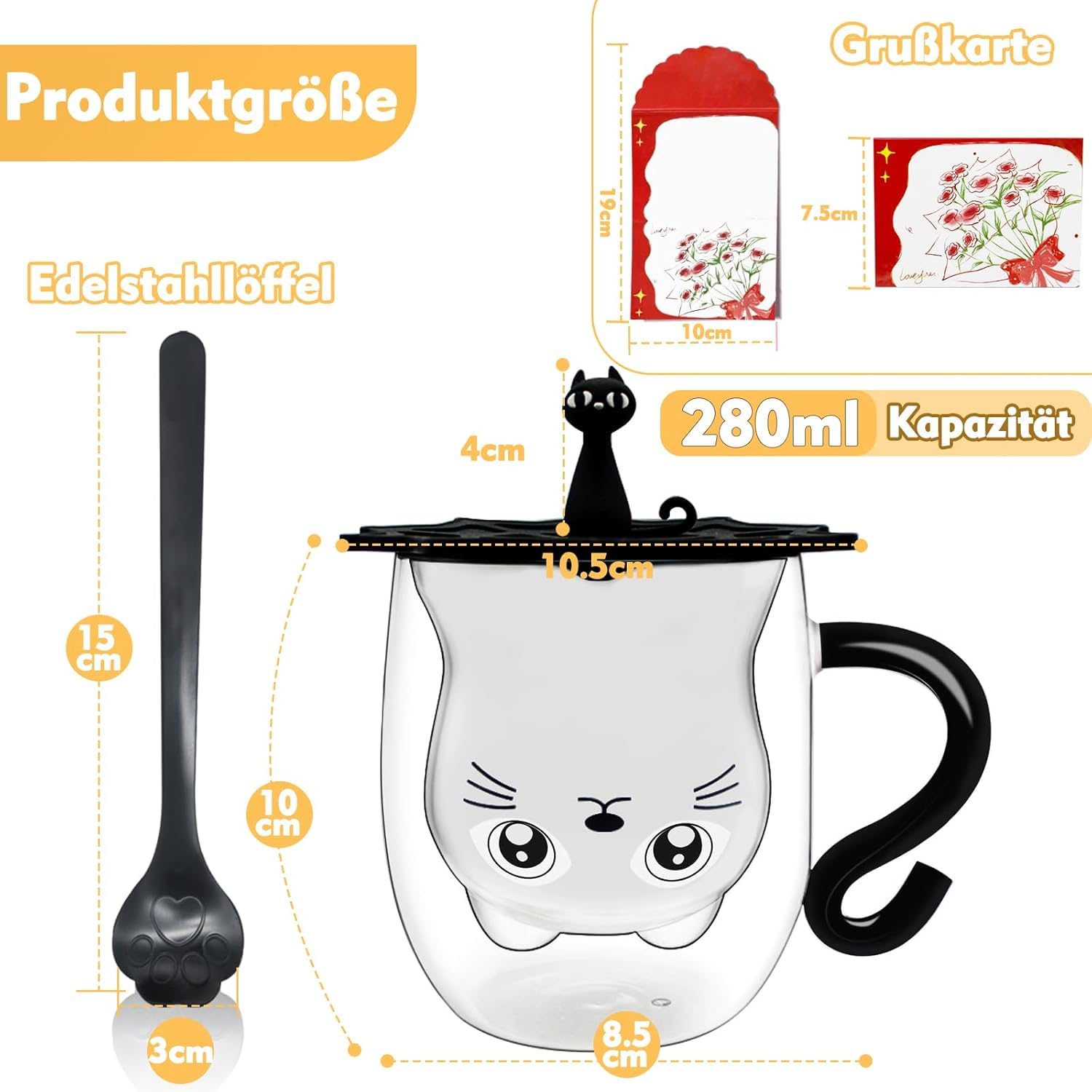 Afitdon Tazza Nera con Manico Vetro Doppia Parete con cucchiaio in acciaio inox a forma di zampa di gatto e coperchio in silicone & scheda di auguri, Tazza da Caffè di Gatto Carino per cappuccino