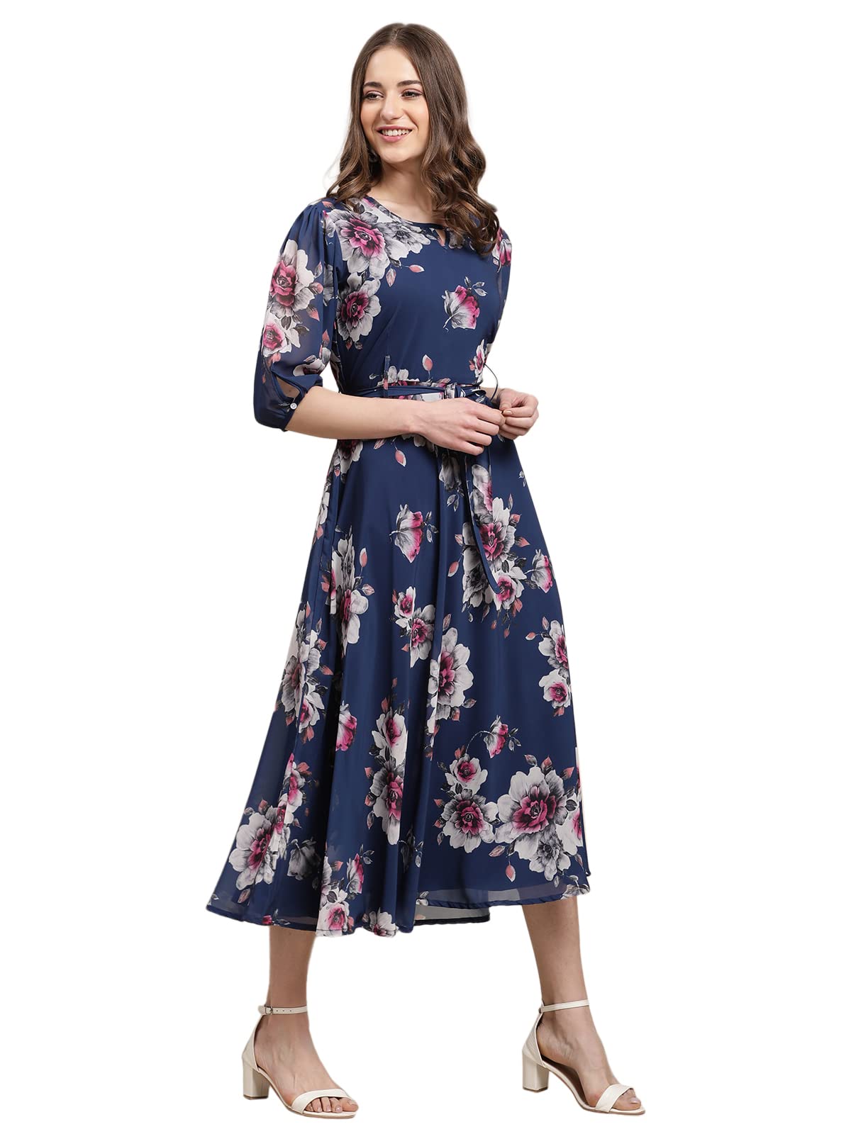 Preneum Women's Maxi Fit & Flare Latest Style Print Georgette Regular Sleeves Casual Summer Maxi Dress || Festival & Occasion, Light Blue, L