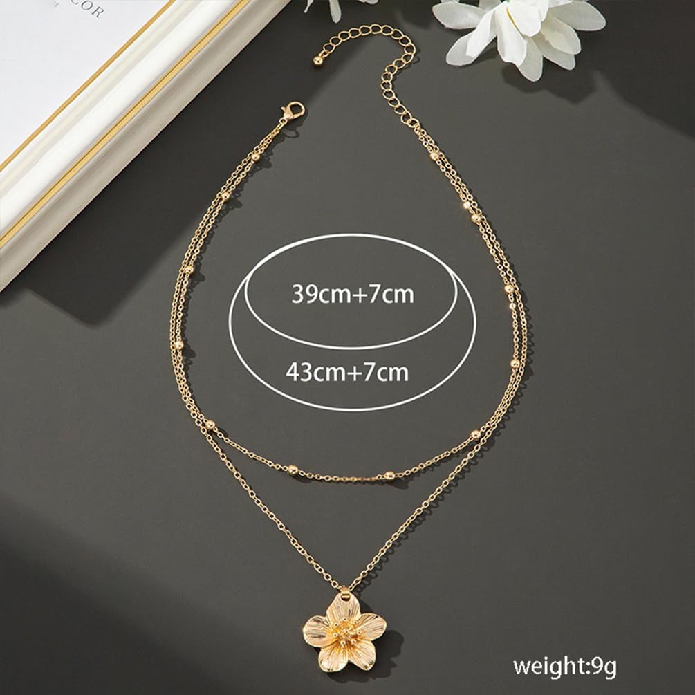 Charm Gold Flower Y2k Layered Necklaces for Women Statement, Trendy Vintage Chunky Metal Pleated Floral Pendant Necklace Hawaiian Party Jewelry Gifts - Image 2