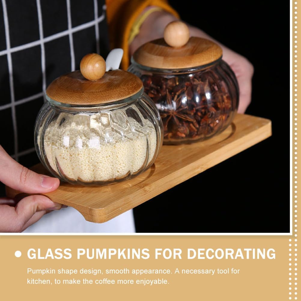 MAGICLULU 1 Set Clear Glass Seasoning Jar with Wooden Lid and Spoon Glass Sugar Bowl Pumpkin Shaped Candy Jar Salt Cellar Salt Storage Container for Sugar Spice Pepper