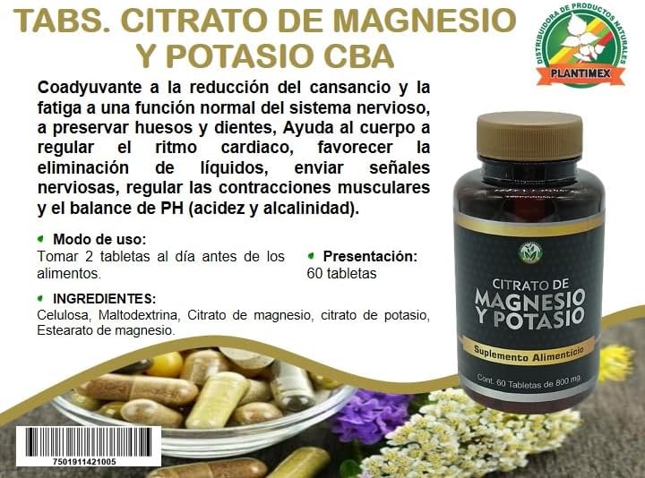 Miniatura 2 de Citrato de Magnesio Potasio Nutricost Potasio (400 mg) Citratos de magnesio (400 mg), 60Cápsulas -PLANTIMEX Suplemento dietético 60 Tabletas. (800