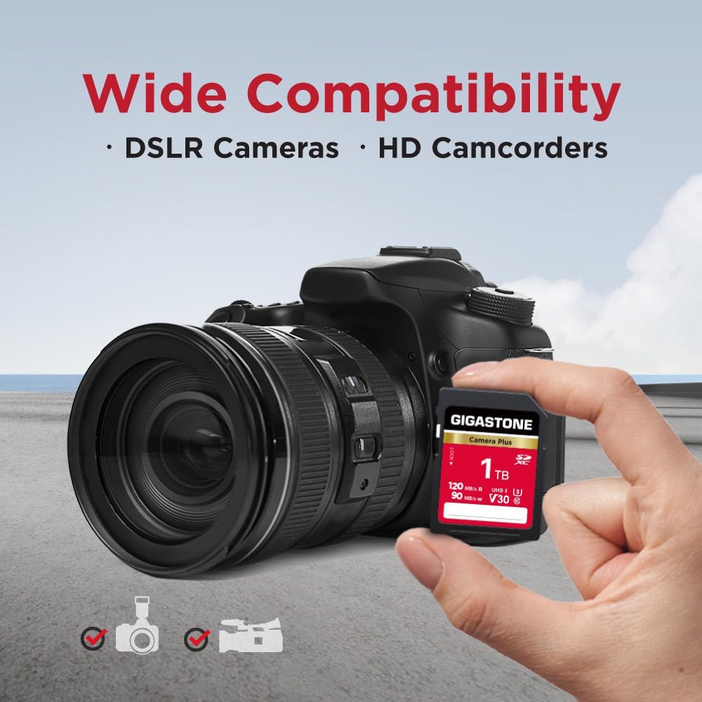 GIGASTONE 1TB SD Card, Camera Plus, V30 SDXC Memory Card High Speed UHD Video Compatible with Canon Kodak Olympus Digital Camera, with 1 Mini case