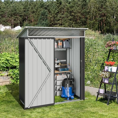 Image of JY QAQA 5x3 FT Outdoor Garden Storage Shed, Waterproof Metal Garden Sheds with Window and Lockable Double Door, Weather Resistant Steel Tool Storage House Shed for Patio, Lawn Dark Gray