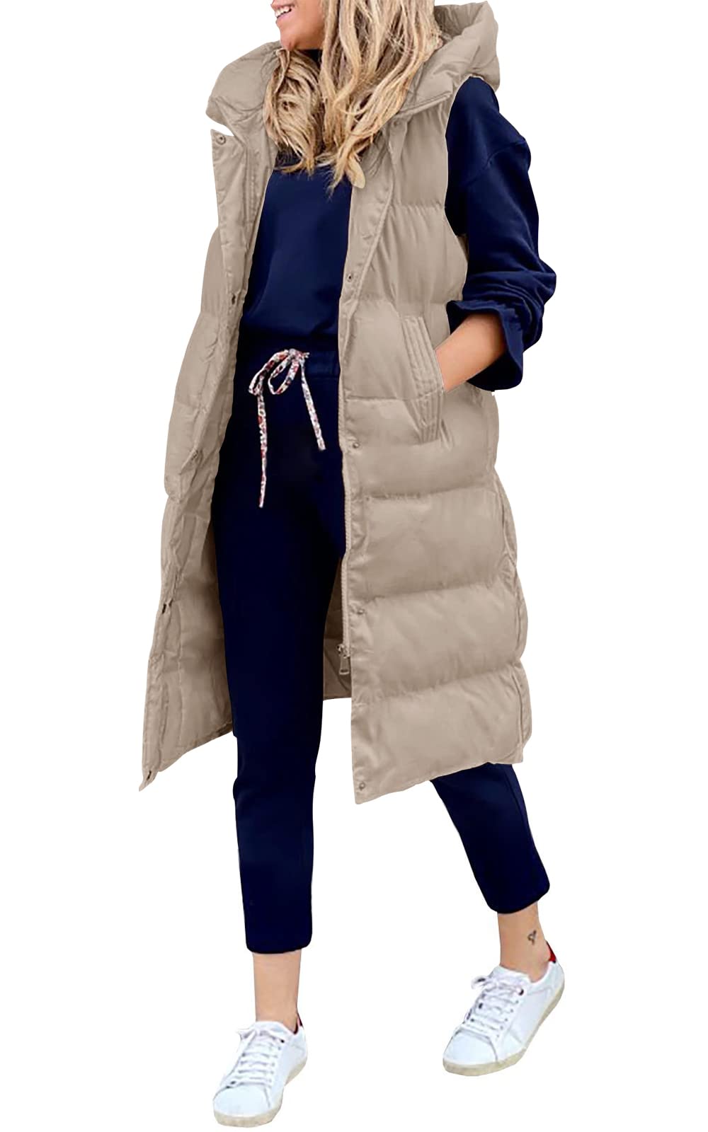 LEANI Womens Long Puffer Vest Full-Zip Hooded Sleeveless Jacket Coats with Pockets