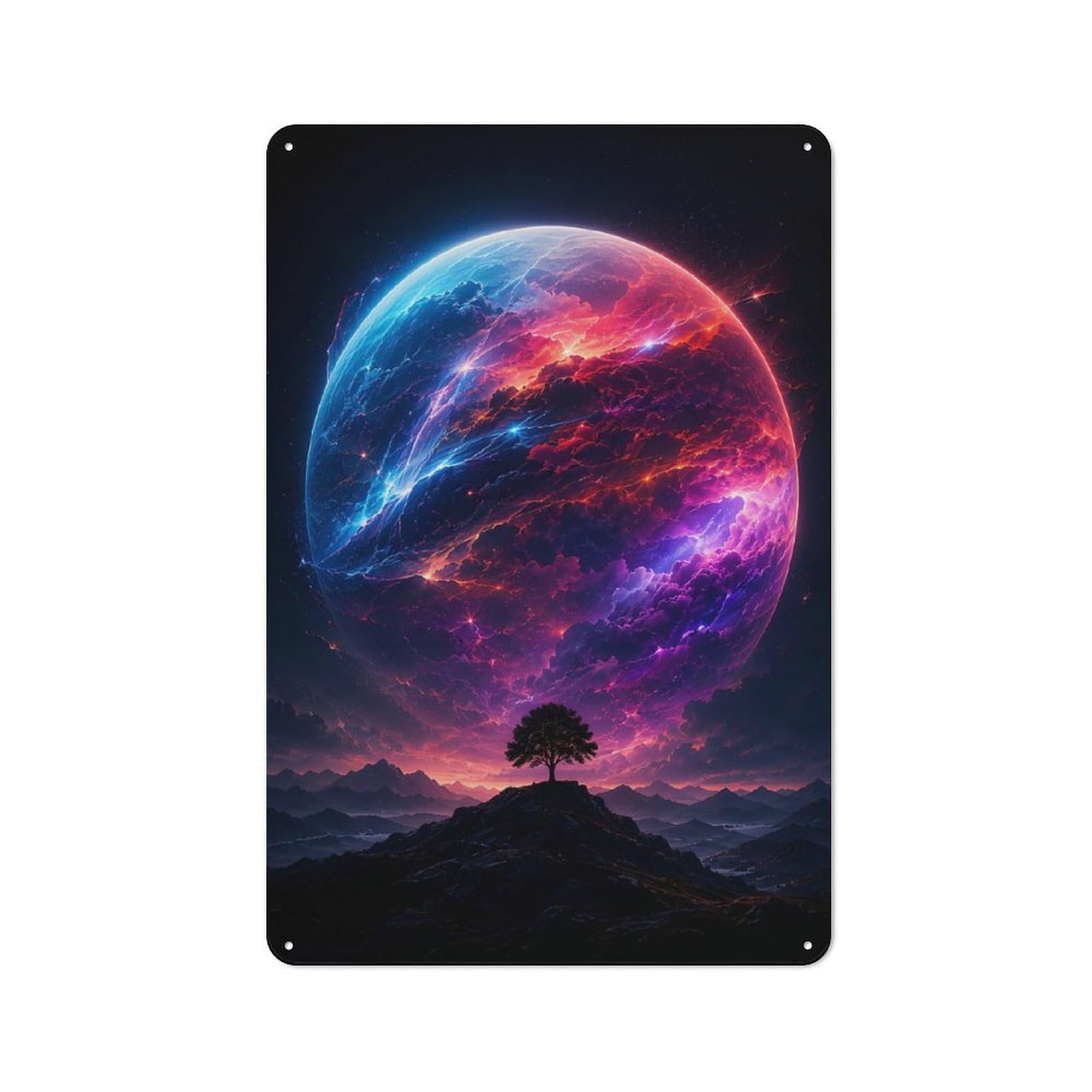 Cosmic Planet Over Tree Silhouette Retro Metal Sign 30x20cm for Garage Wall, for Home Interiors And Metal Sign Collectors
